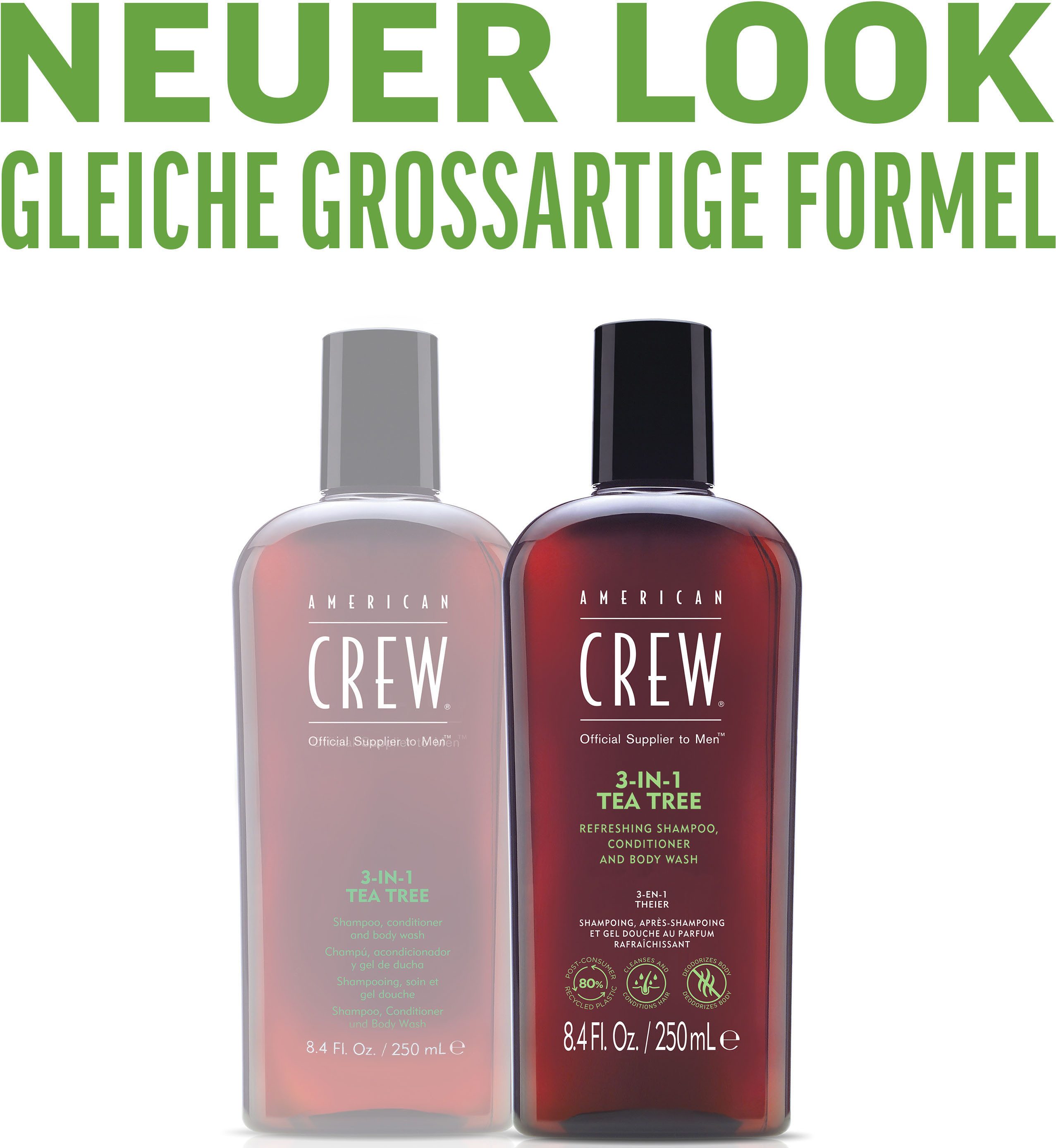 American Crew Haarshampoo 3-in-1 Tea Tree shampoo. Conditioner & body wash 250 ml (1-delig)