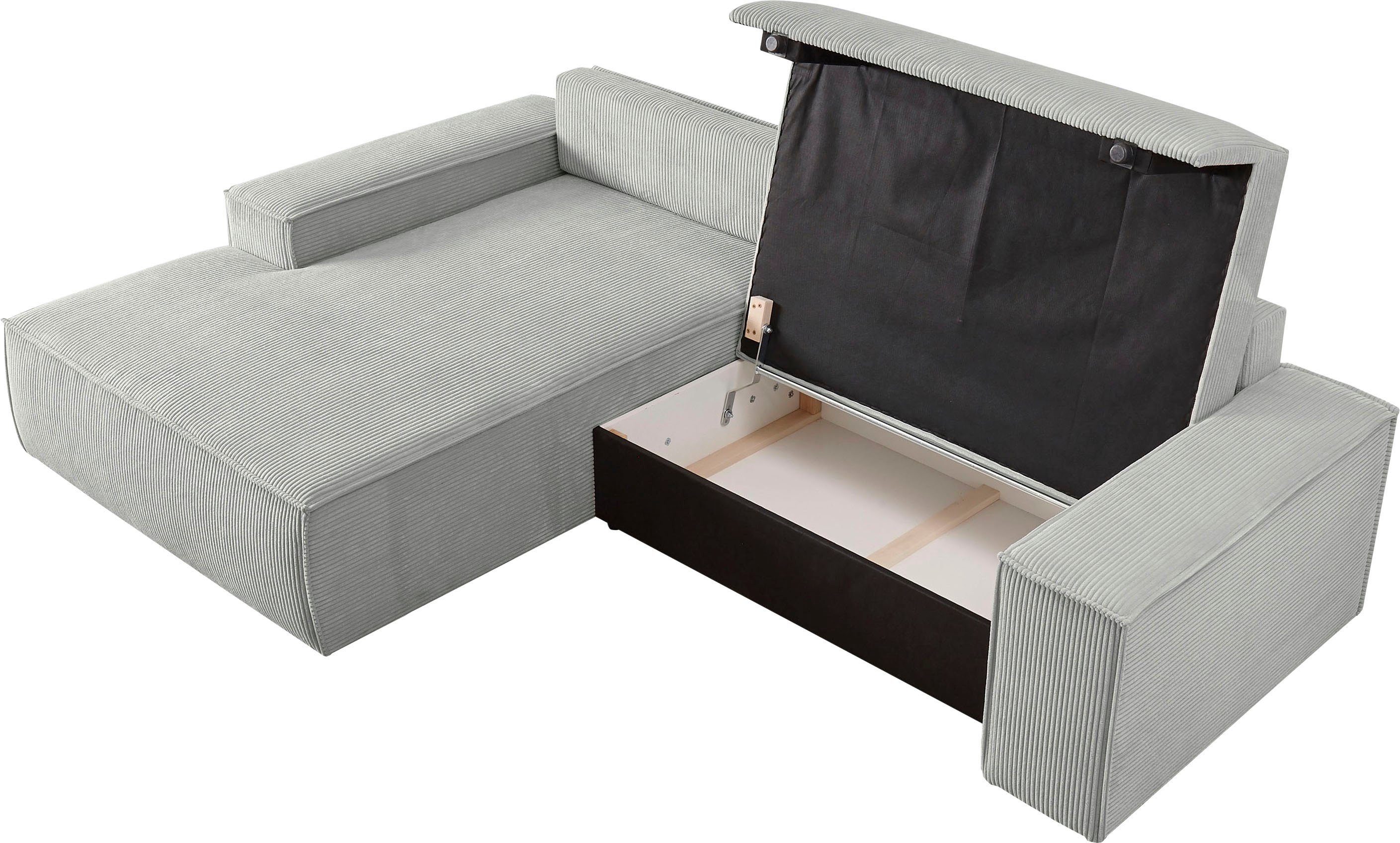 Home affaire Hoekbank SHERWOOD bedbank 267 cm, L-model, Slaapfunctie met bedlade (210x136 cm), cord, vintage, fluweel