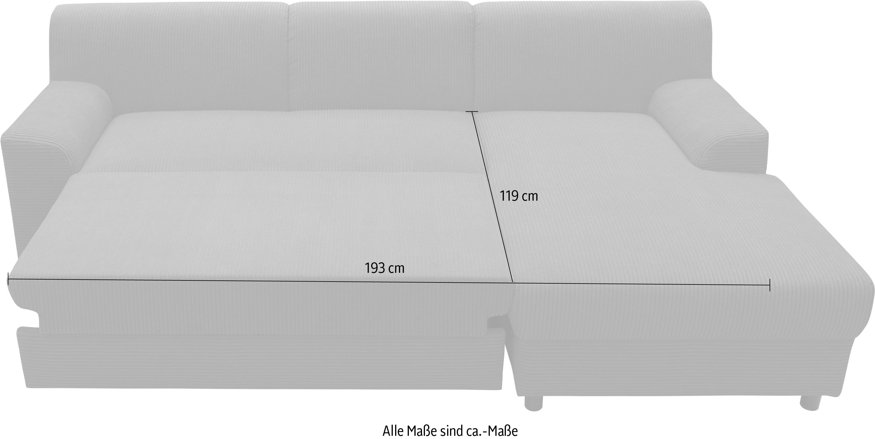 INOSIGN Hoekbank Turah 2, L-vorm, in Cord en waterafstotende microvezel, Vering B/D/H: 241/146/79 cm, incl. sierkussen, optioneel met bedfunctie