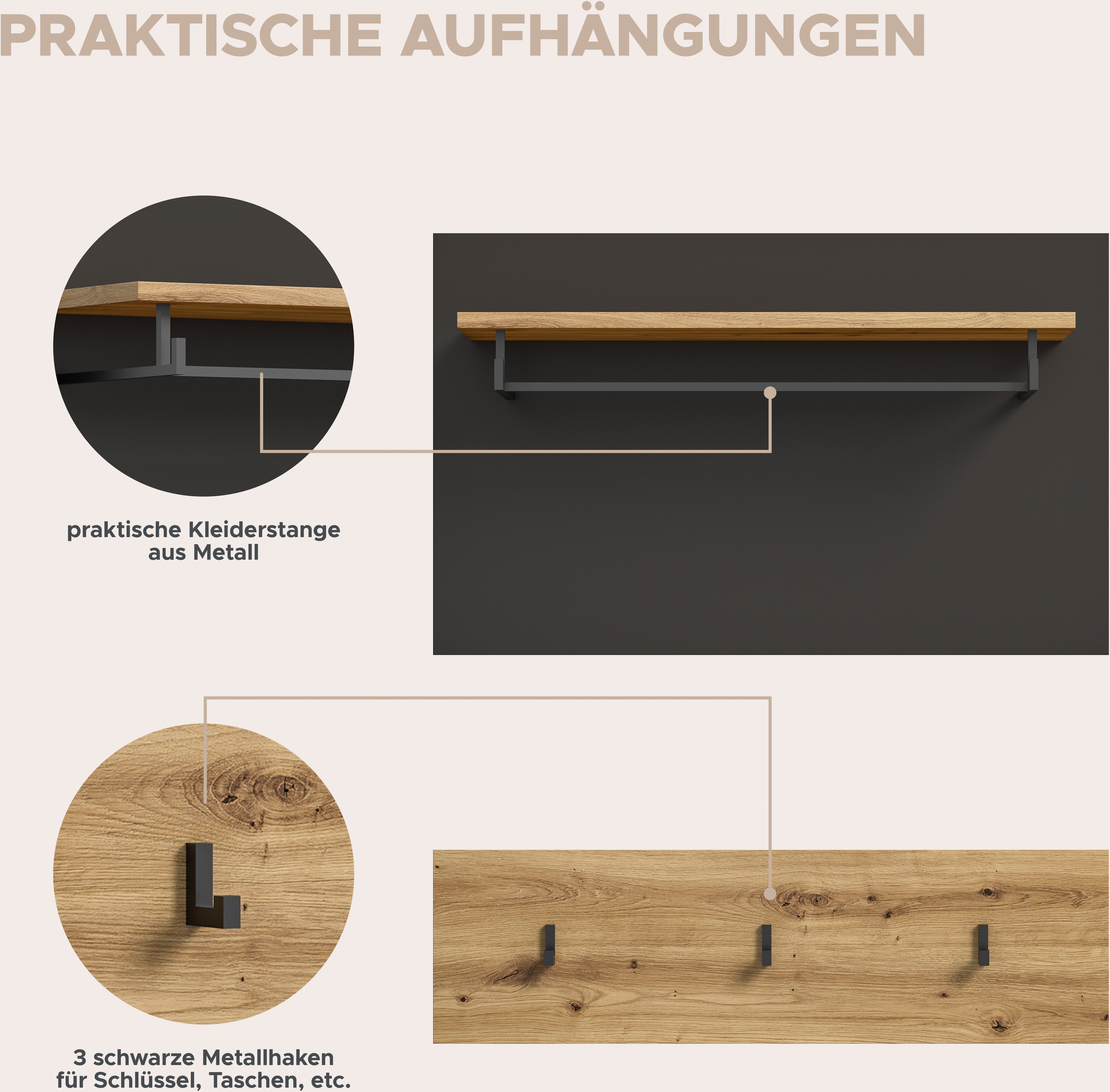 INOSIGN Halmeubelset Garderobecombinatie Rehat, breedte 175cm,in basalt grijs/Artisan eiken Halmeubelen, gangmeubelen, combinatie, hal, garderobe, garderobemeubelen (4-delig)