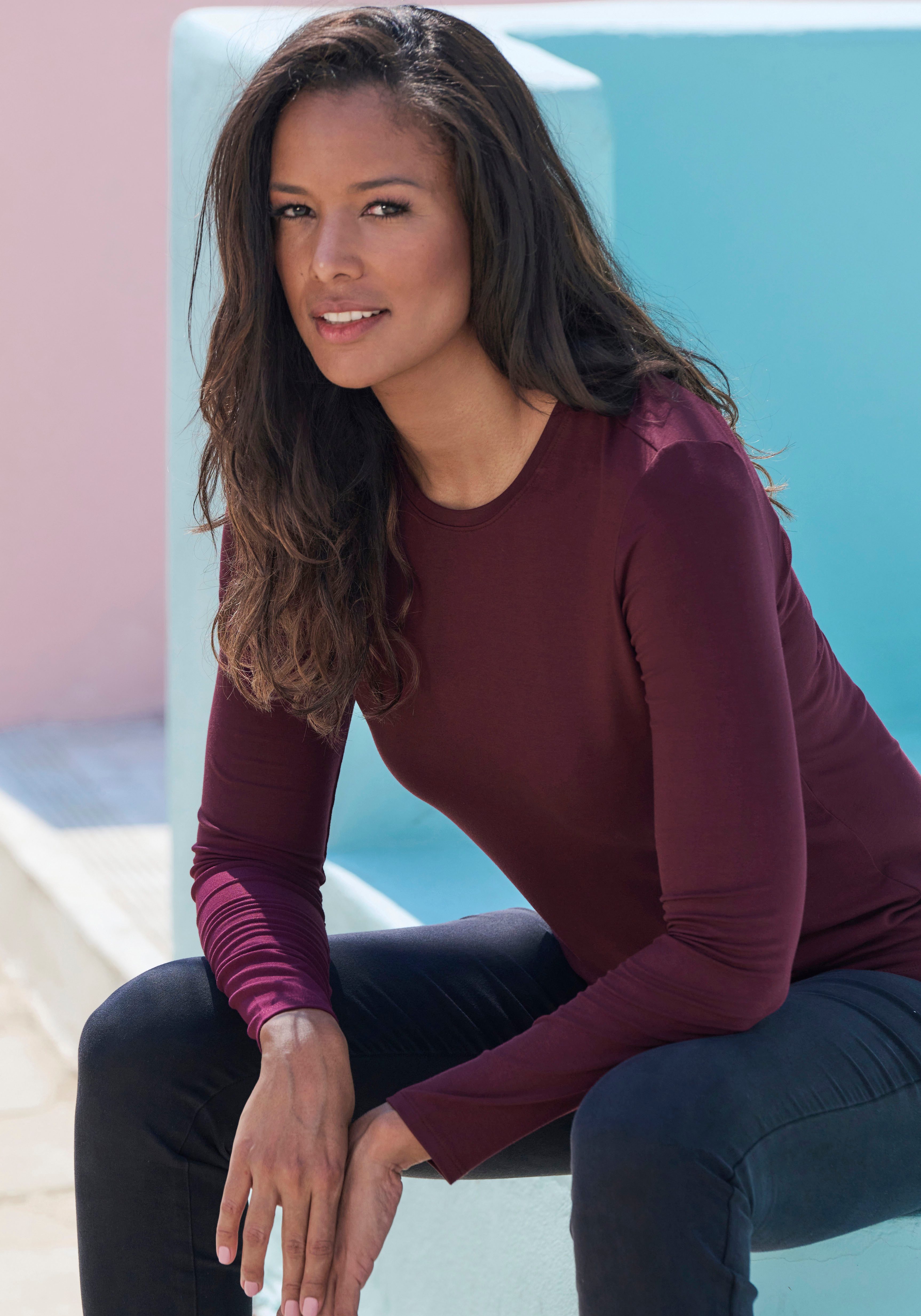 Lascana Shirt met lange mouwen Van zachte viscose-stretch van zachte viscosekwaliteit (Set van 2)