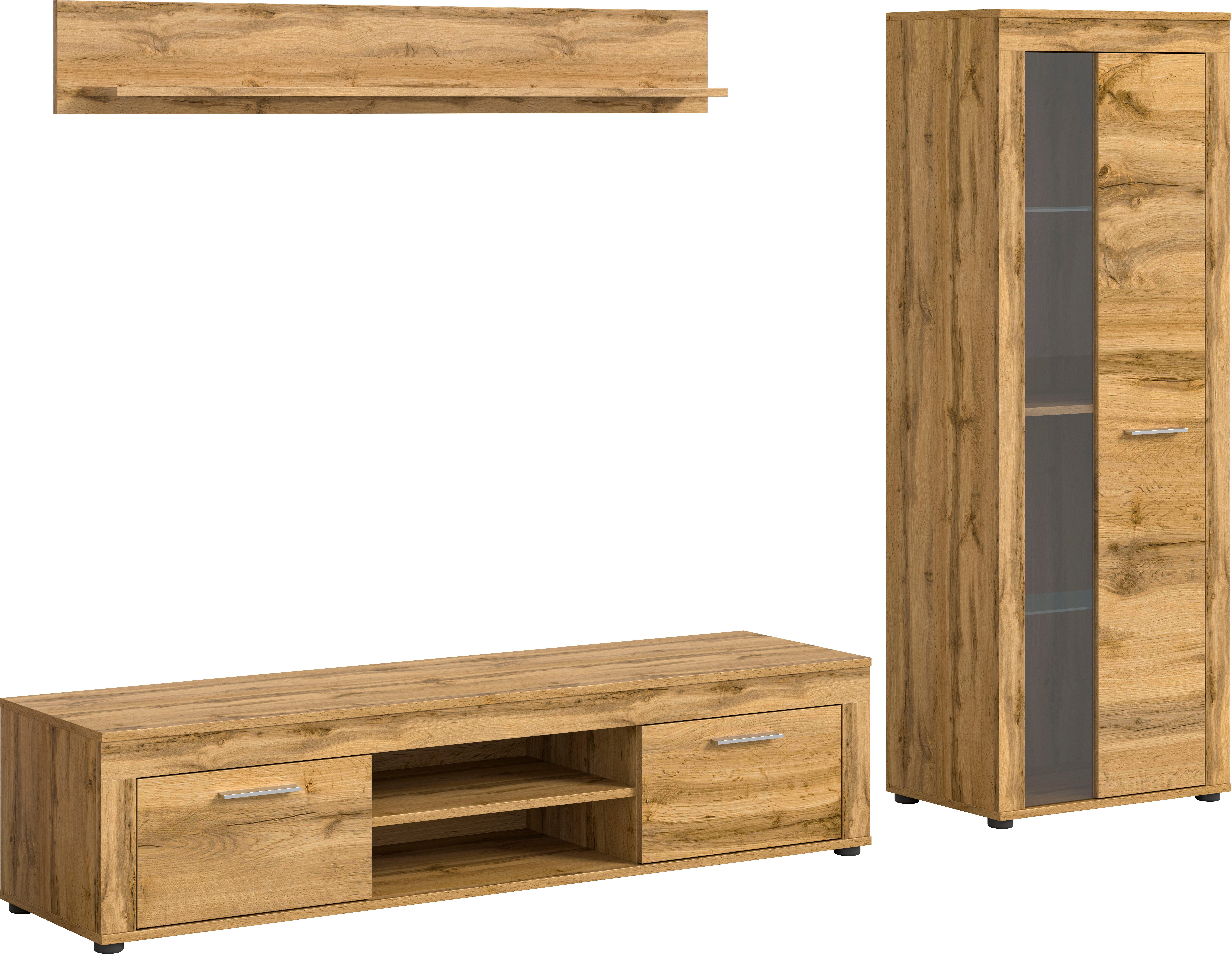 INOSIGN Wandmeubel Aosta, Breedte 235cm, bestaand uit Lowboard, Wandplank, Vitrine Woonwand, combinatie, opbouwwand, meubelset, kastwand, meubelcombi (3-delig)