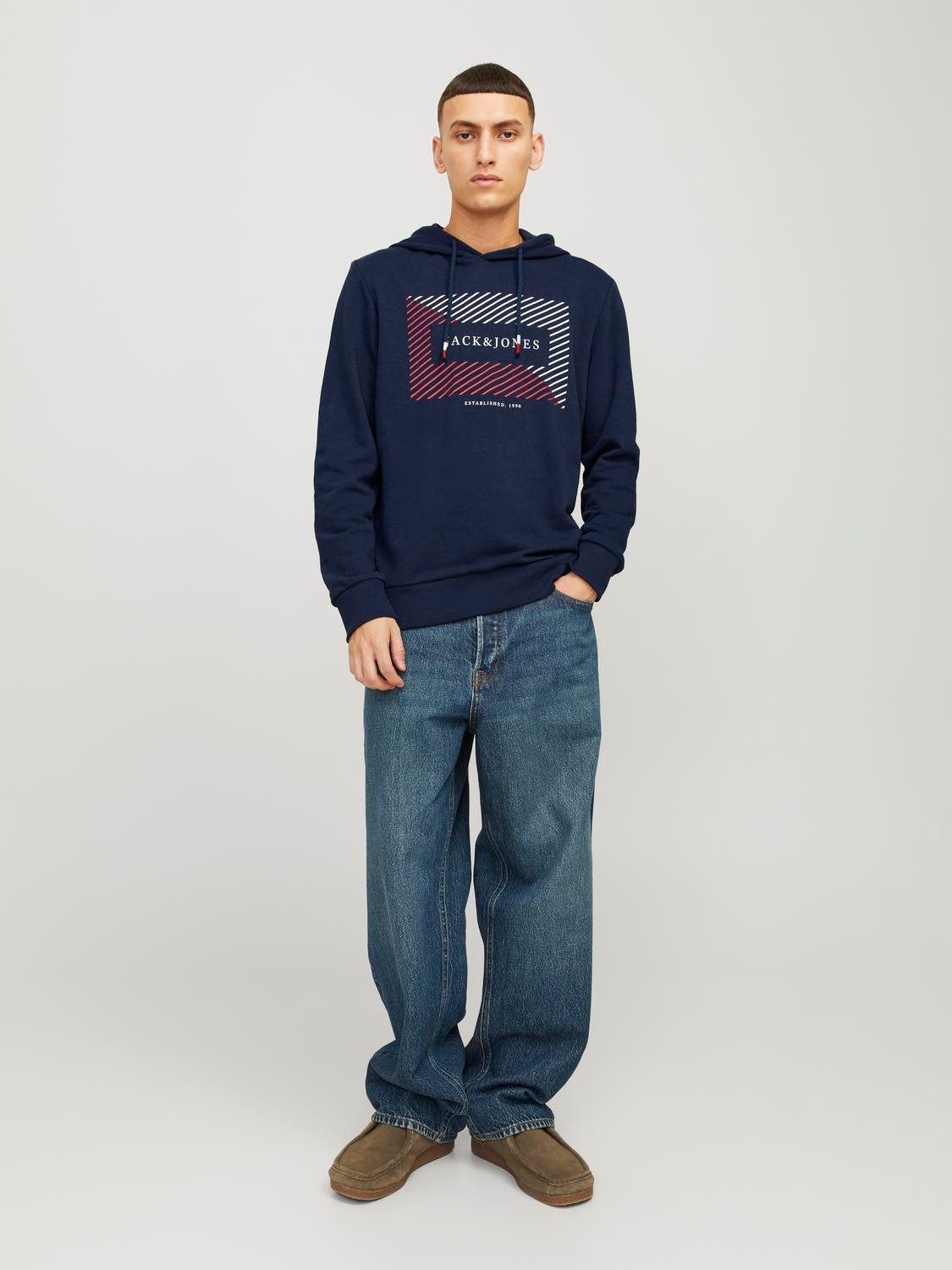 Jack & Jones Hoodie JJCYRUS SWEAT HOOD: Komfortable Baumwollmischung mit coolem Gummidruck (Casual hoodie: basic snit & levendige print)