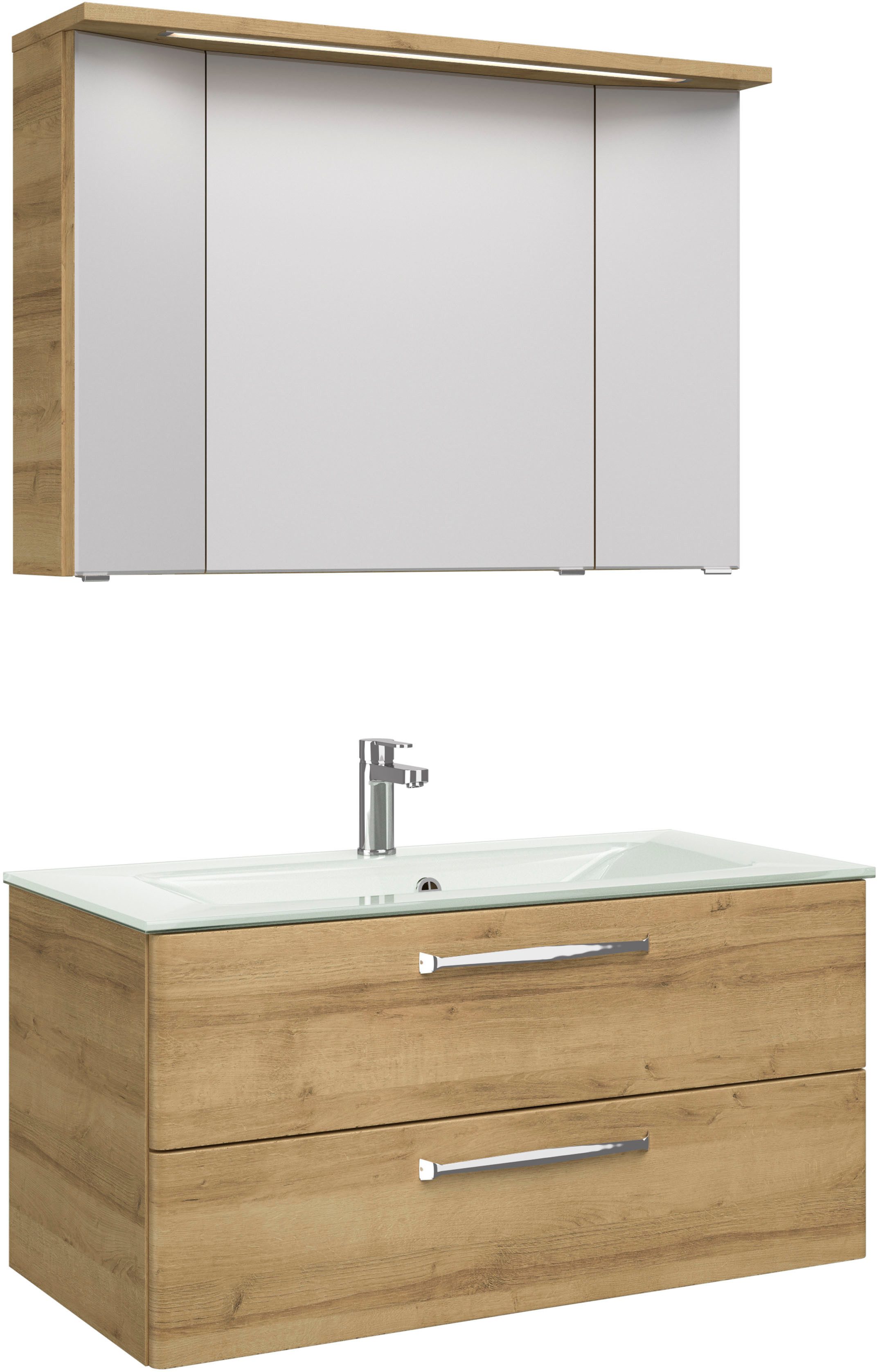 Saphir Badmeubelset Trentino 2-delig glazen wastafel, spiegelkast met LED-verlichting Badkamermeubel-set 107cm breed, incl. deurdemper, 3 deuren, 2