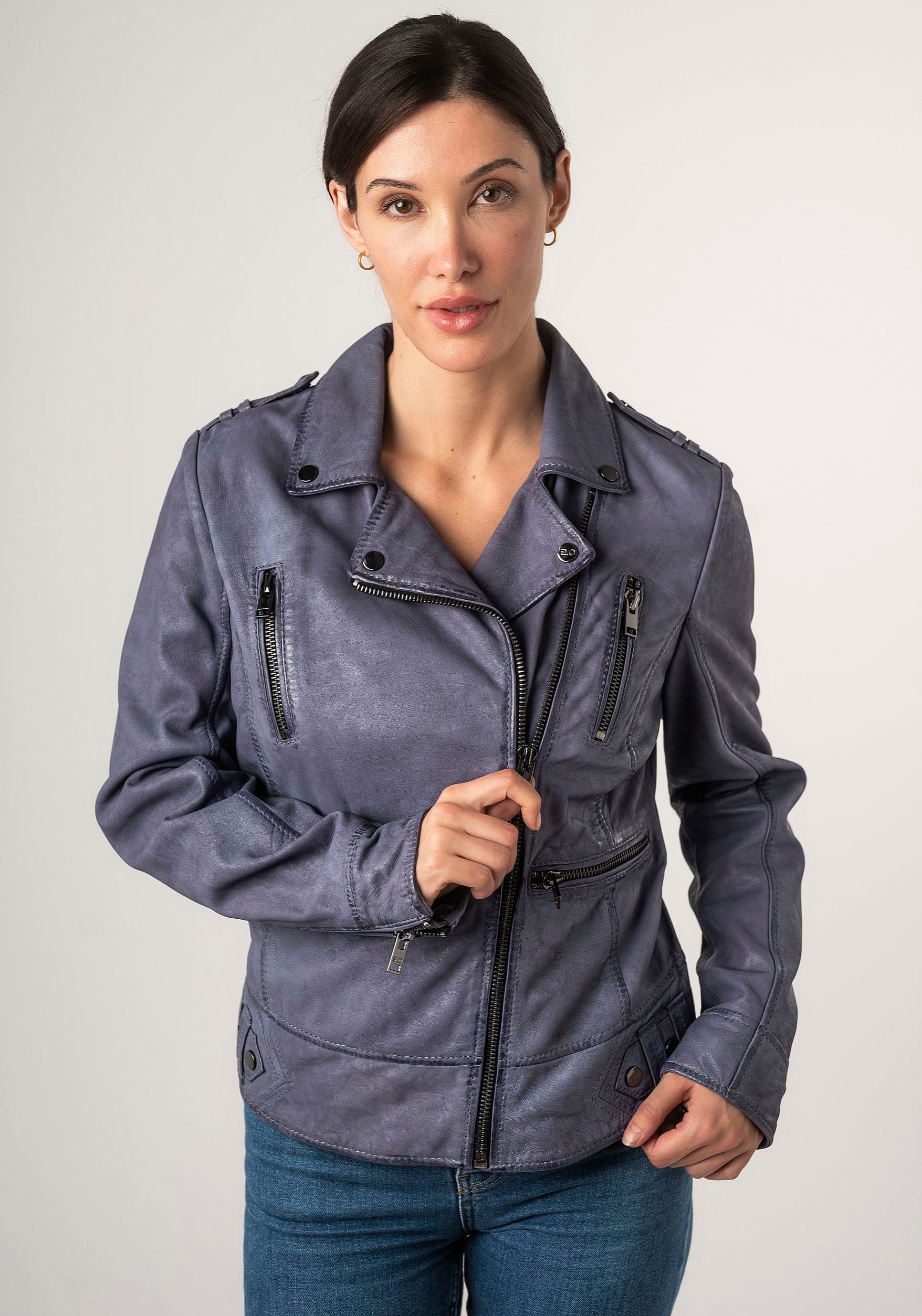 Mauritius Leren jack 2Wtashi met schouderflappen, met studs, met ritszakken
