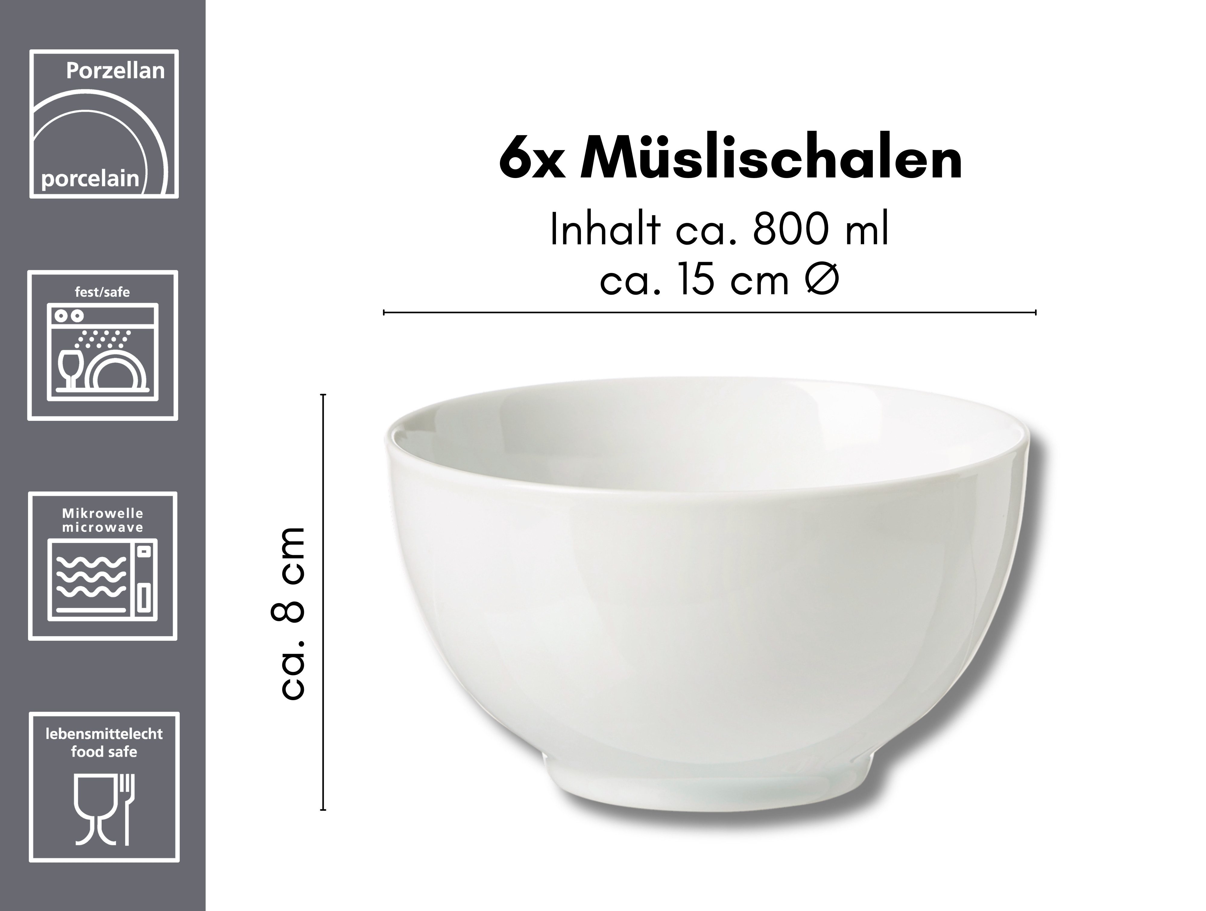 Ritzenhoff & Breker Mueslischaaltje Bianco klassiek eenvoudige basisvorm, 800 ml (set, 6-delig)