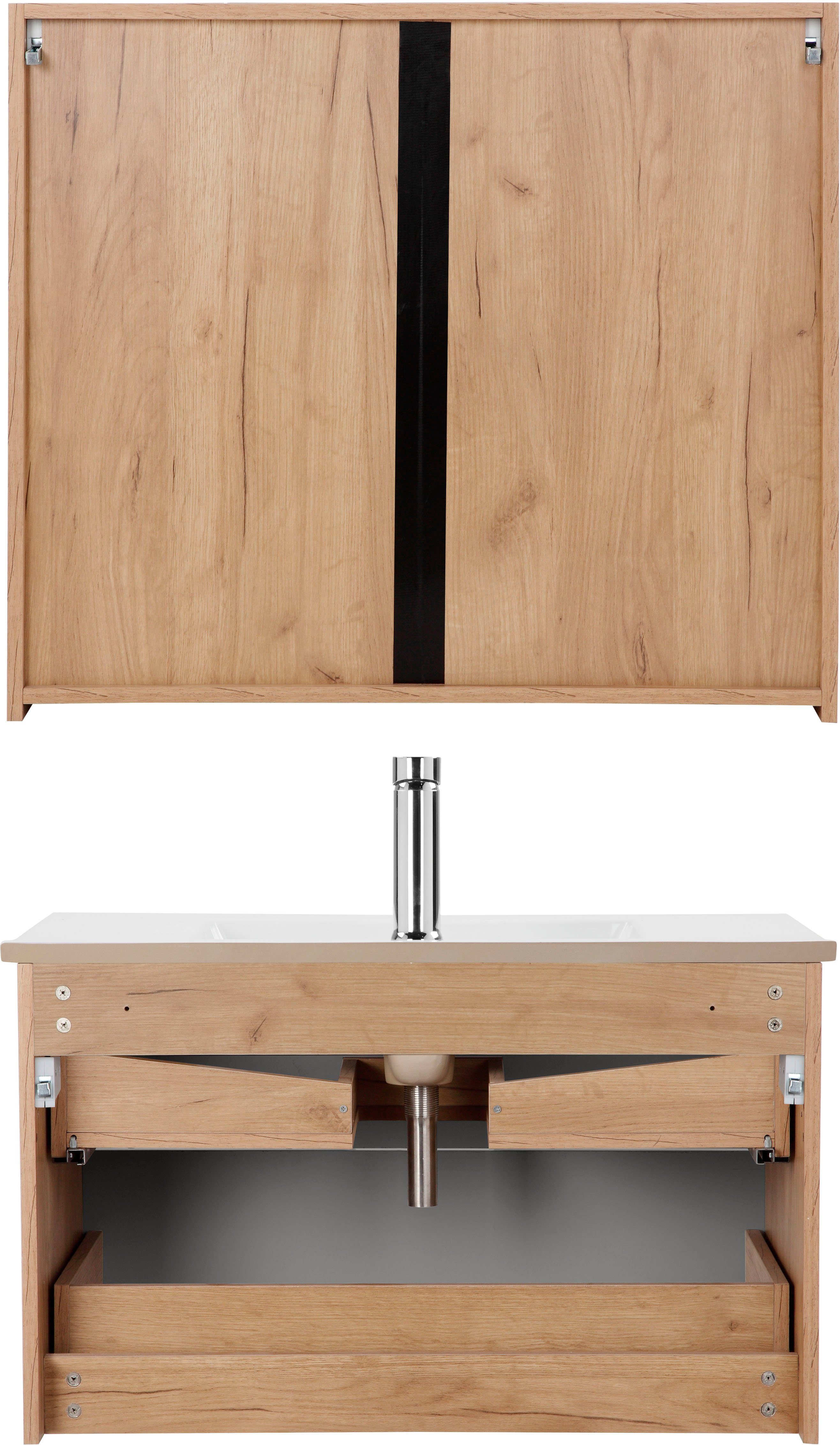 welltime Badkamerserie Lund badkamermeubelset badkamerkast badkamerset Wastafelonderkast, spiegelkast en bekken breedte 80 cm (complete set, 3-delig)