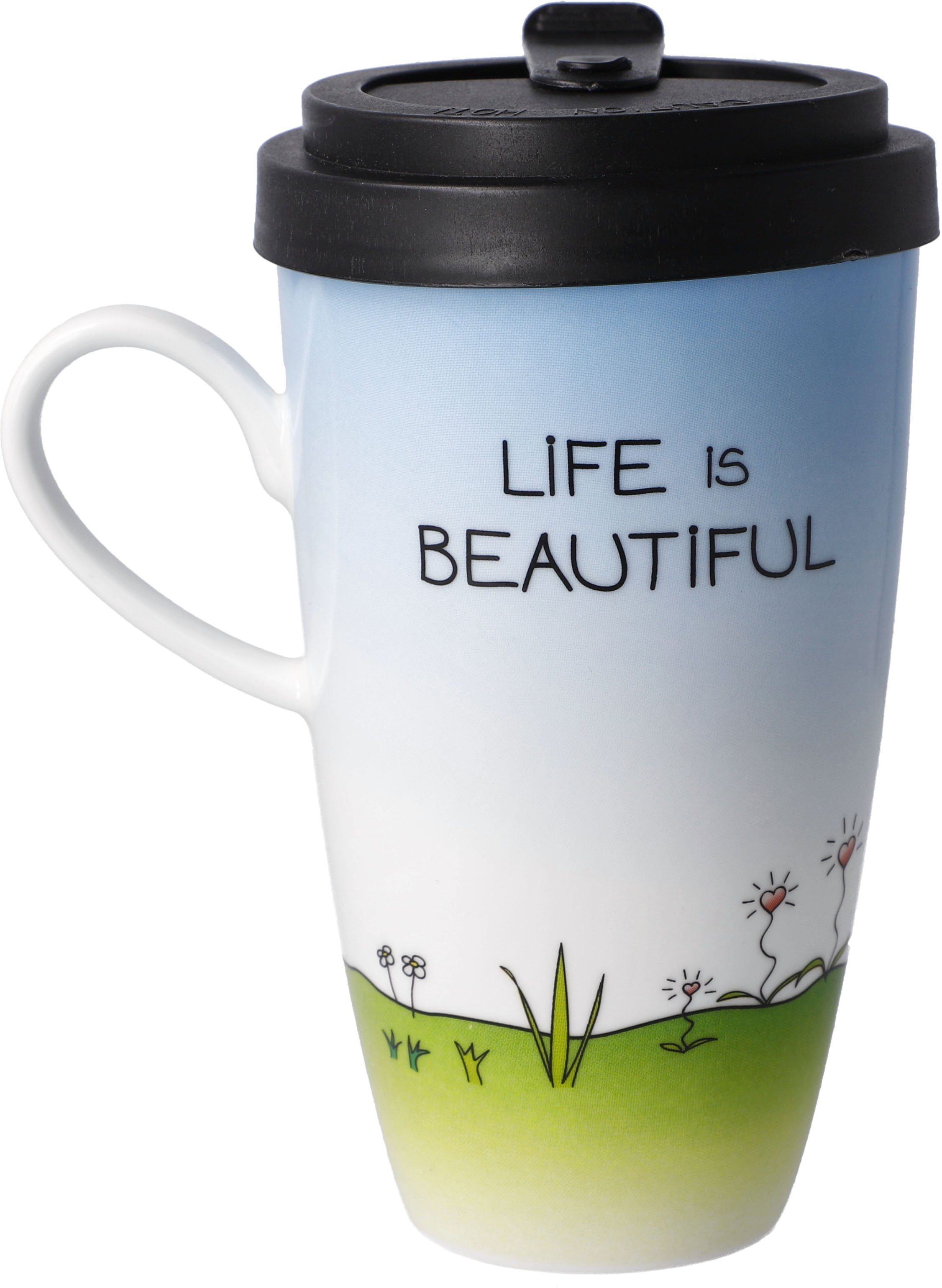 Goebel Coffee-to-go-beker Der kleine Yogi - "Life is beautiful" van porselein met een afneembare deksel, 500 ml