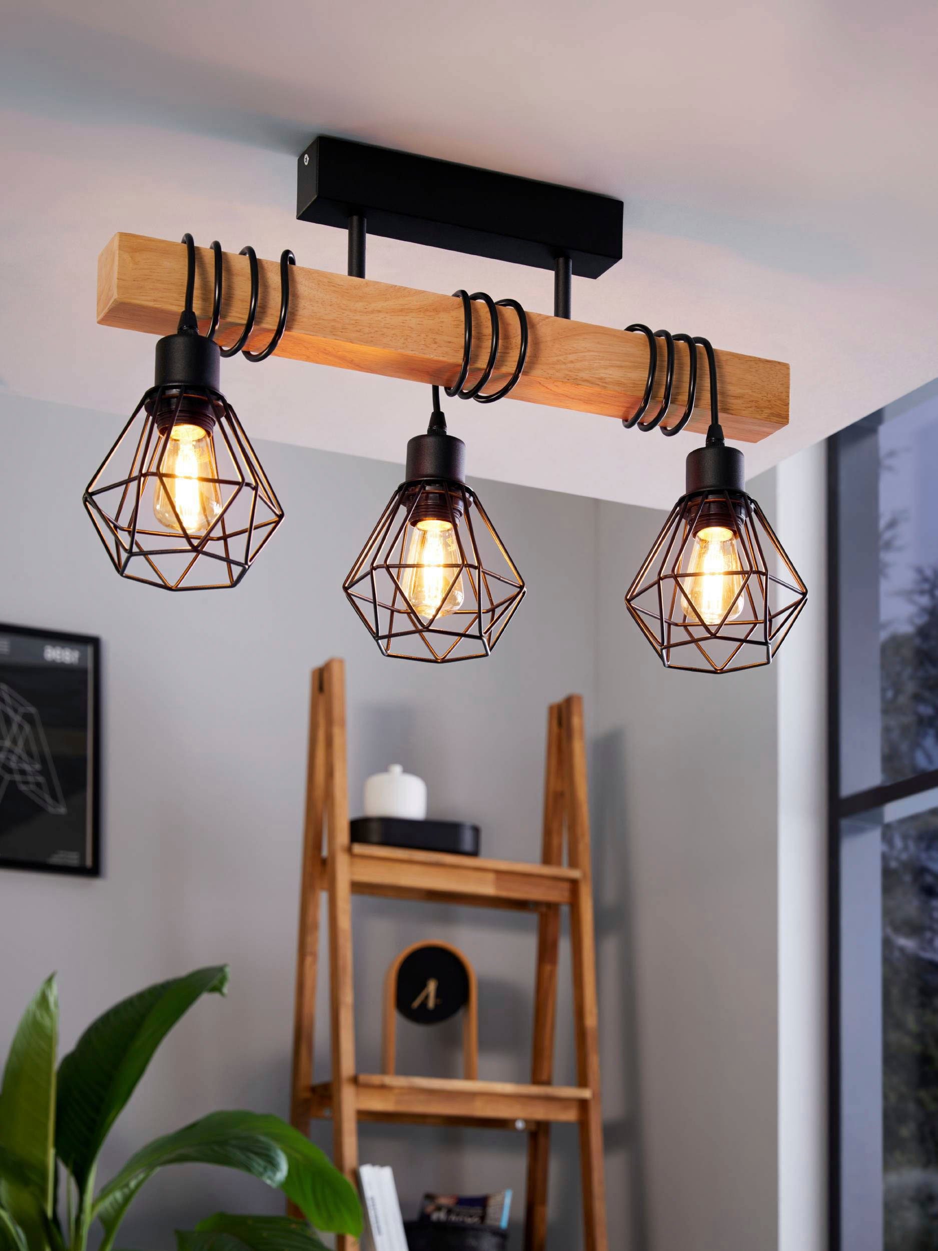 EGLO Plafondlamp TOWNSHEND 5 Vintage plafondlamp, Industrial, retro lamp van staal en hout, E27