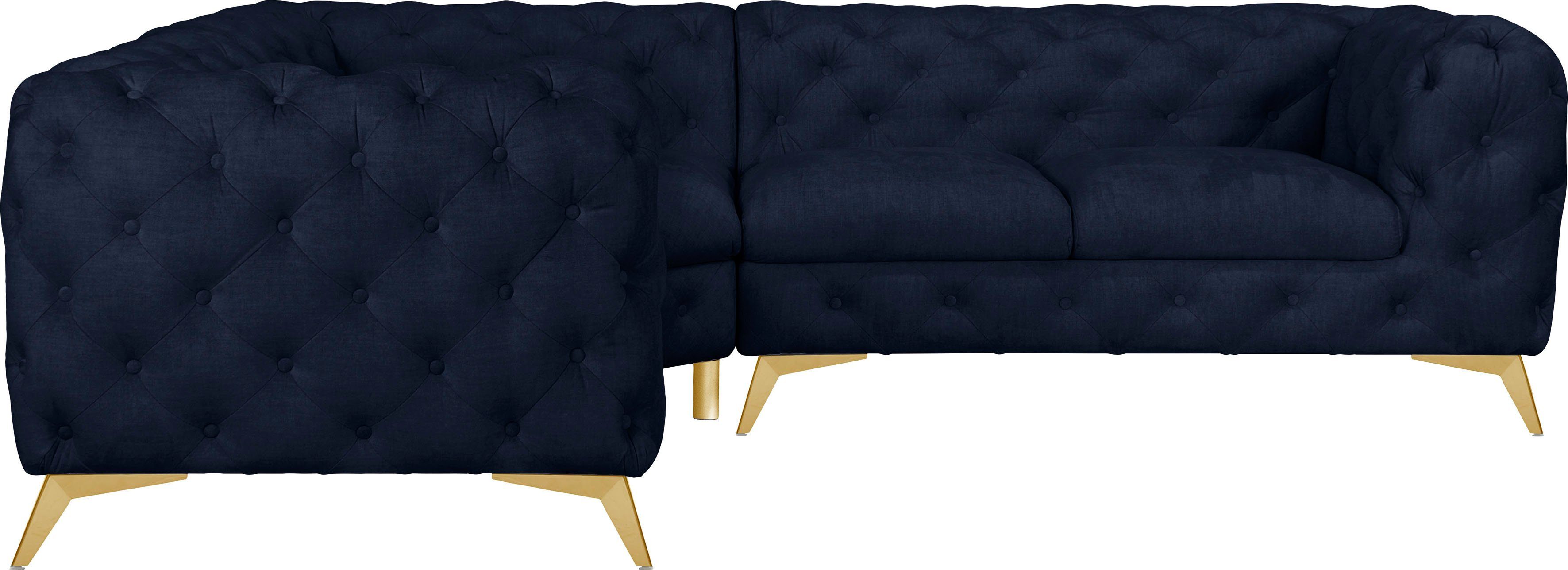 Leonique Chesterfield-bank Glynis L-vorm luxueuze capitonnage, moderne chesterfield look, kleur van de poten ter keuze blauw, chesterfield banken,