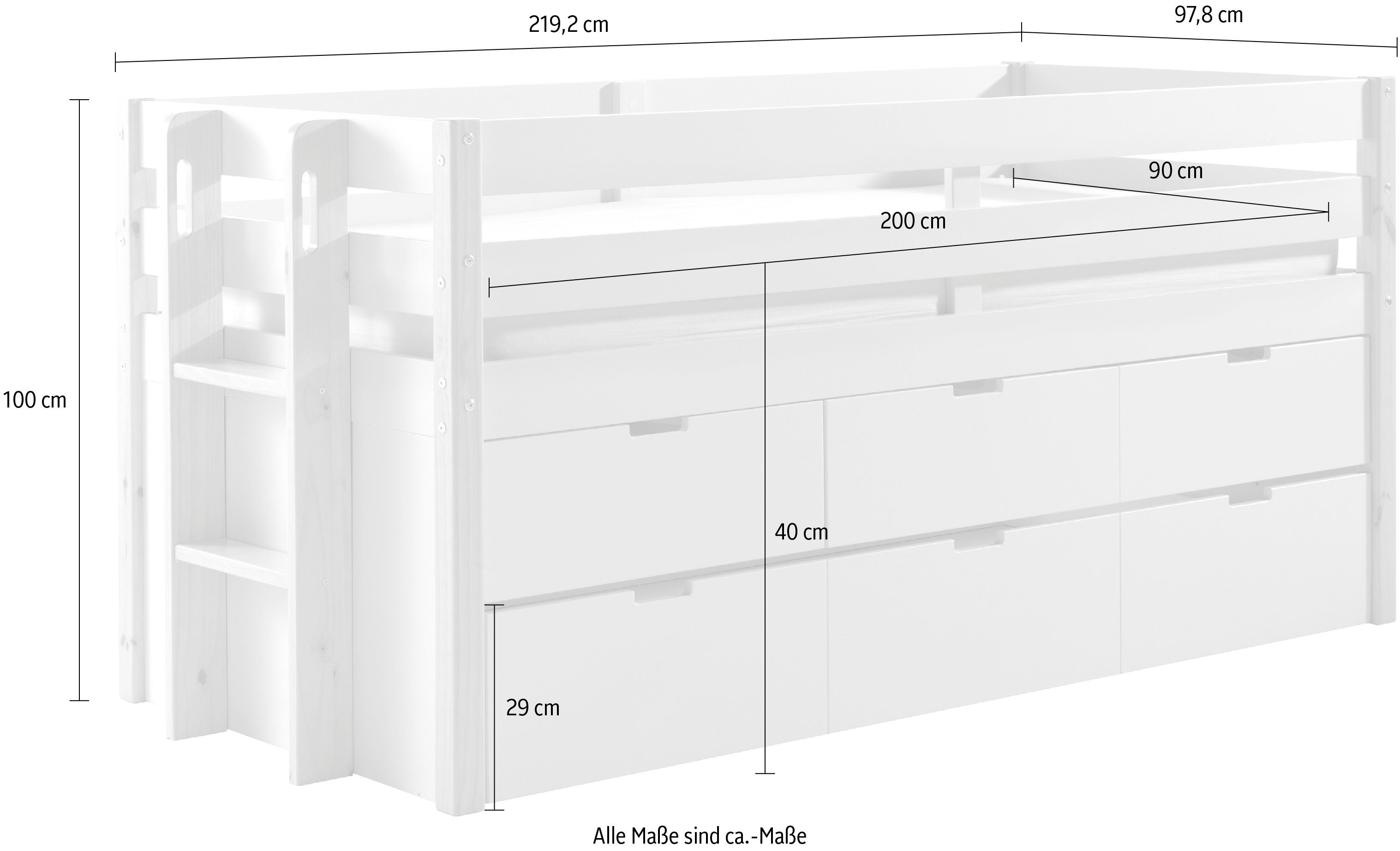 Vipack Hoogslaper Valbeveiliging, ligoppervlak 90x200 cm, lattenrol, uitvoering wit/naturel