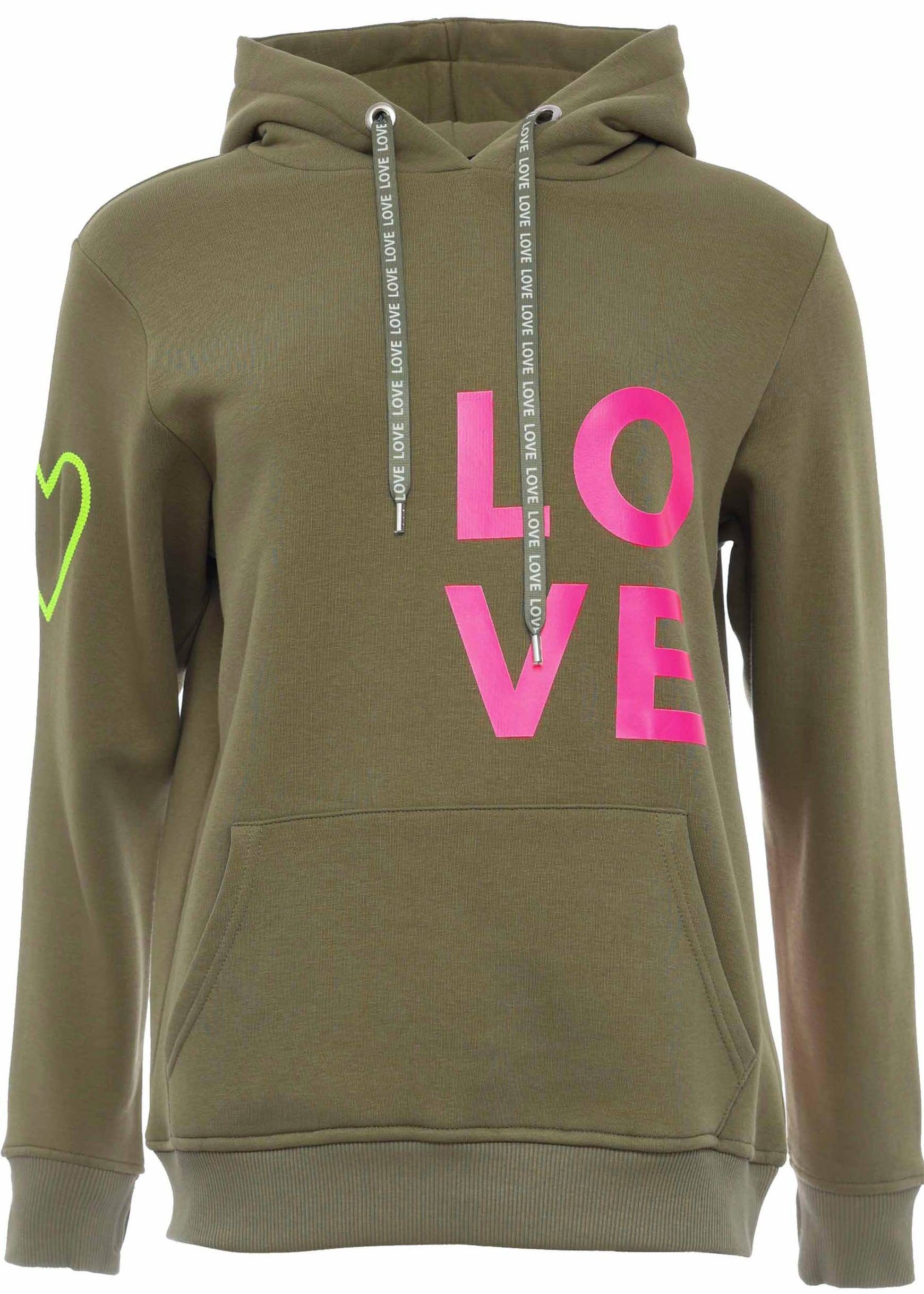 Zwillingsherz Hoodie met geborduurd neonhart op de mouw en "love"-schrift op koord