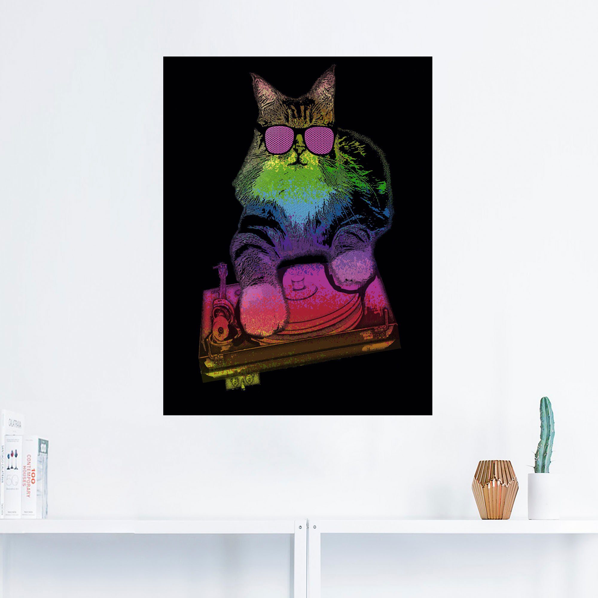 Artland Artprint Grappige dj kat party muziek als artprint van aluminium, artprint op linnen, muursticker of poster in verschillende maten