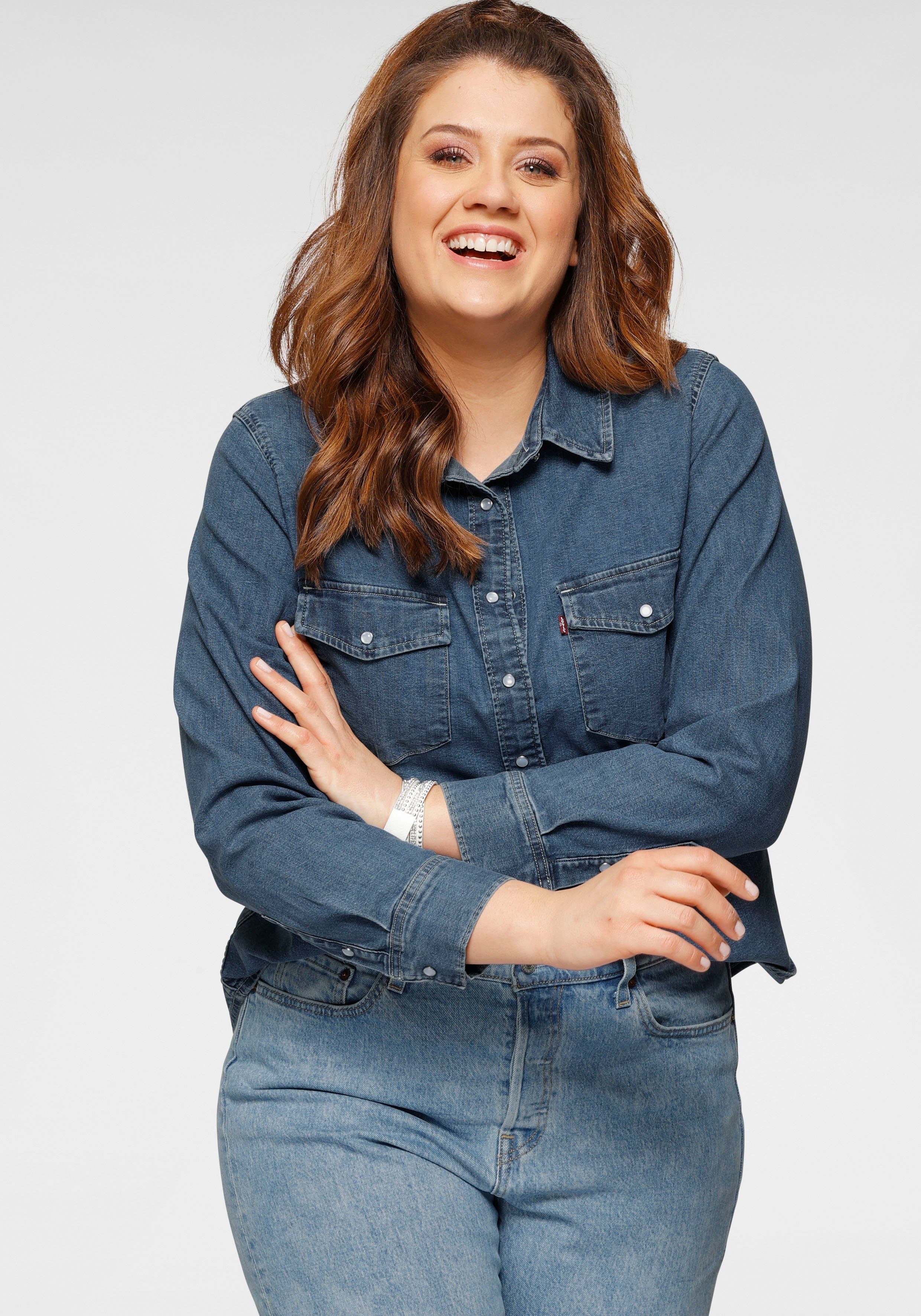 levi's plus jeans blouse essential western met twee borstzakken en drukknopen blauw