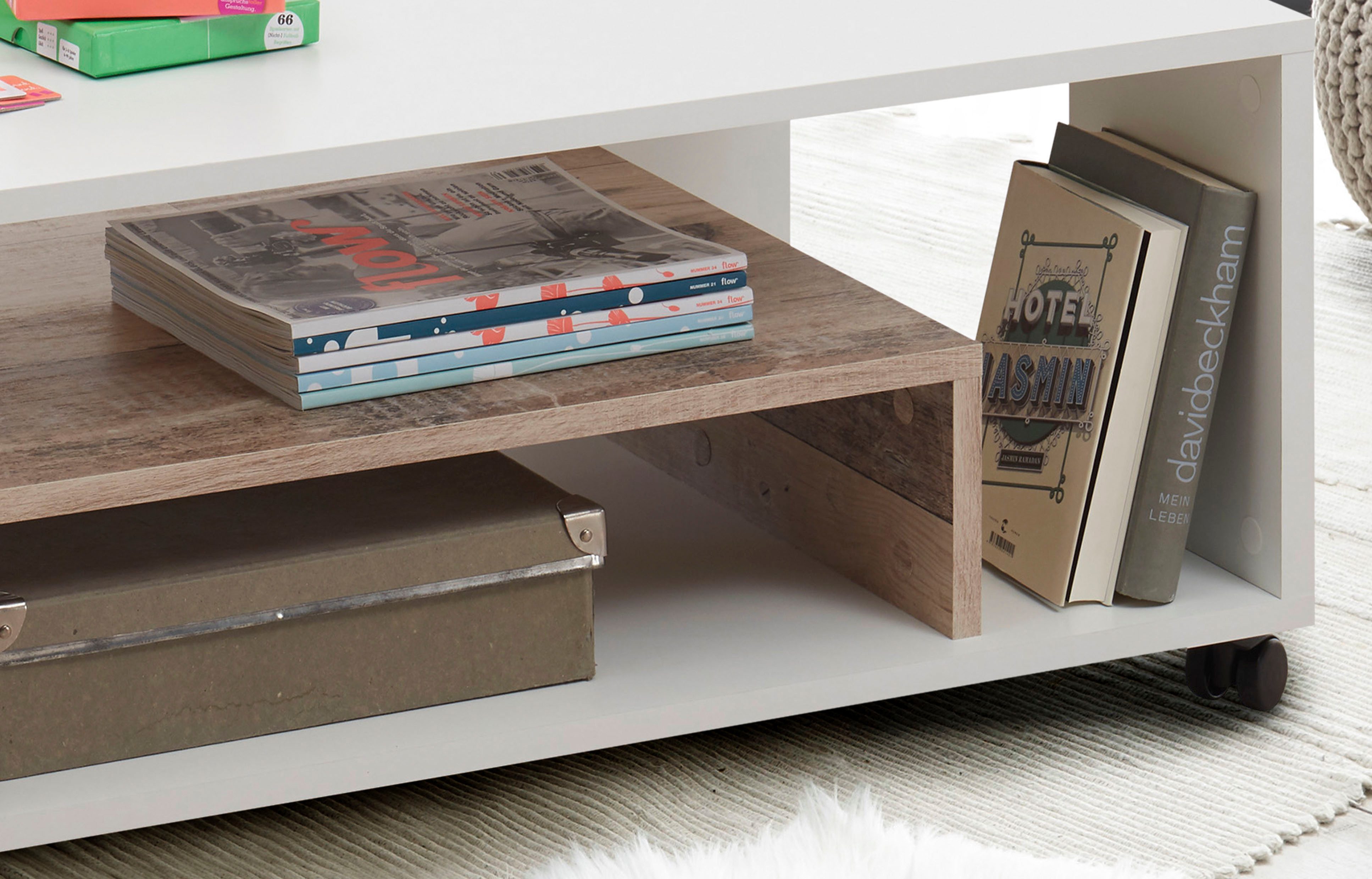 Stolkom Salontafel Bologna rollend, salontafel in wit met plank