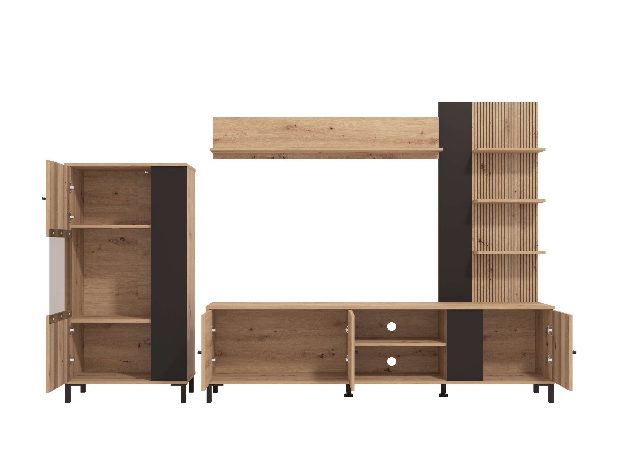 INOSIGN Wandmeubel Avignon, incl. Highboard, TV-meubel, Staande plank en Wandplank 263 cm, trendkleuren, met decoratieve zwarte strepen, tv tot 58' (complete set, 4-delig)