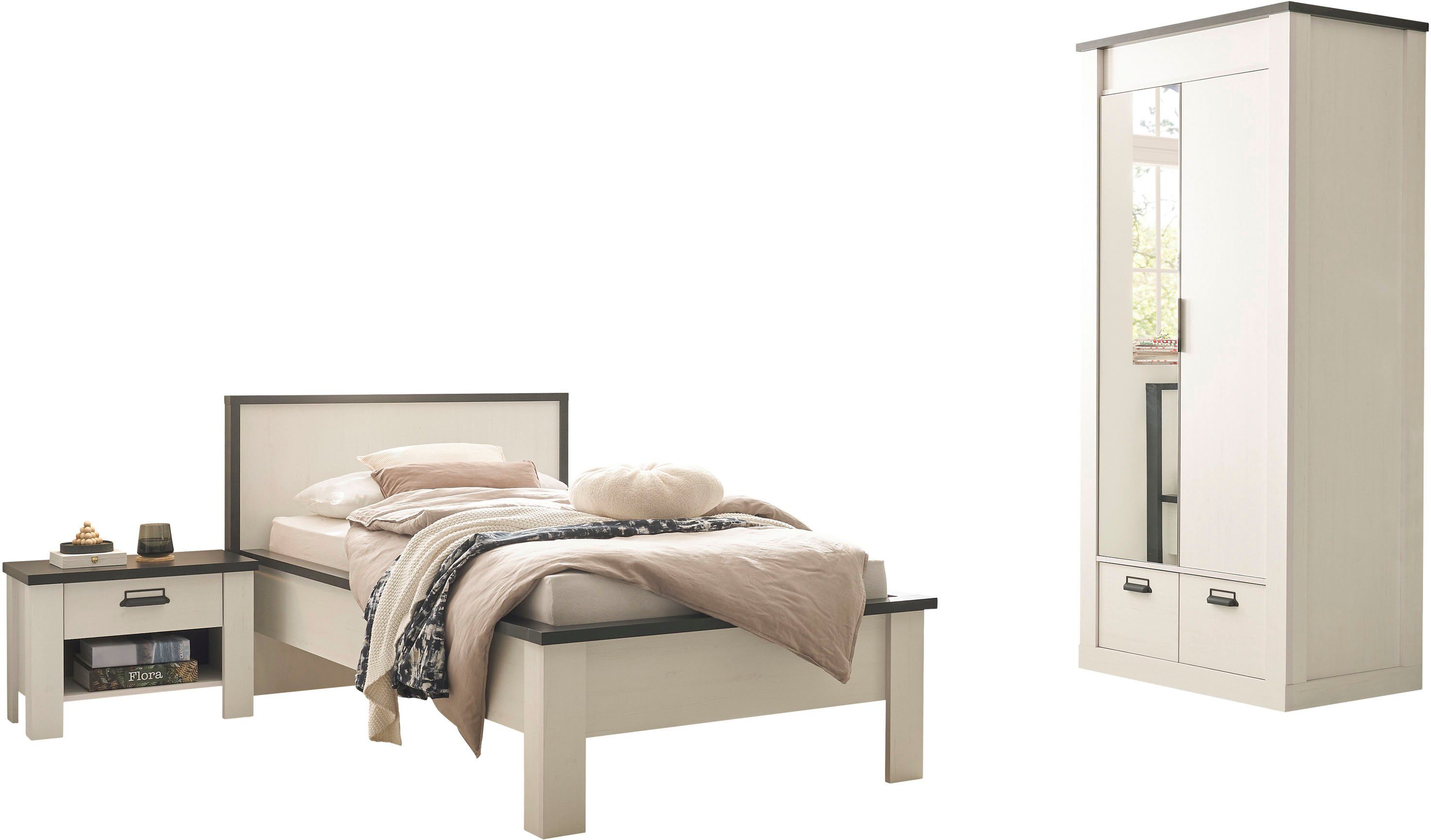 Home affaire Slaapkamerserie Sherwood Ligoppervlak 90 x 200 cm, kast 2-deurs 93 cm breed garderobekasten wit