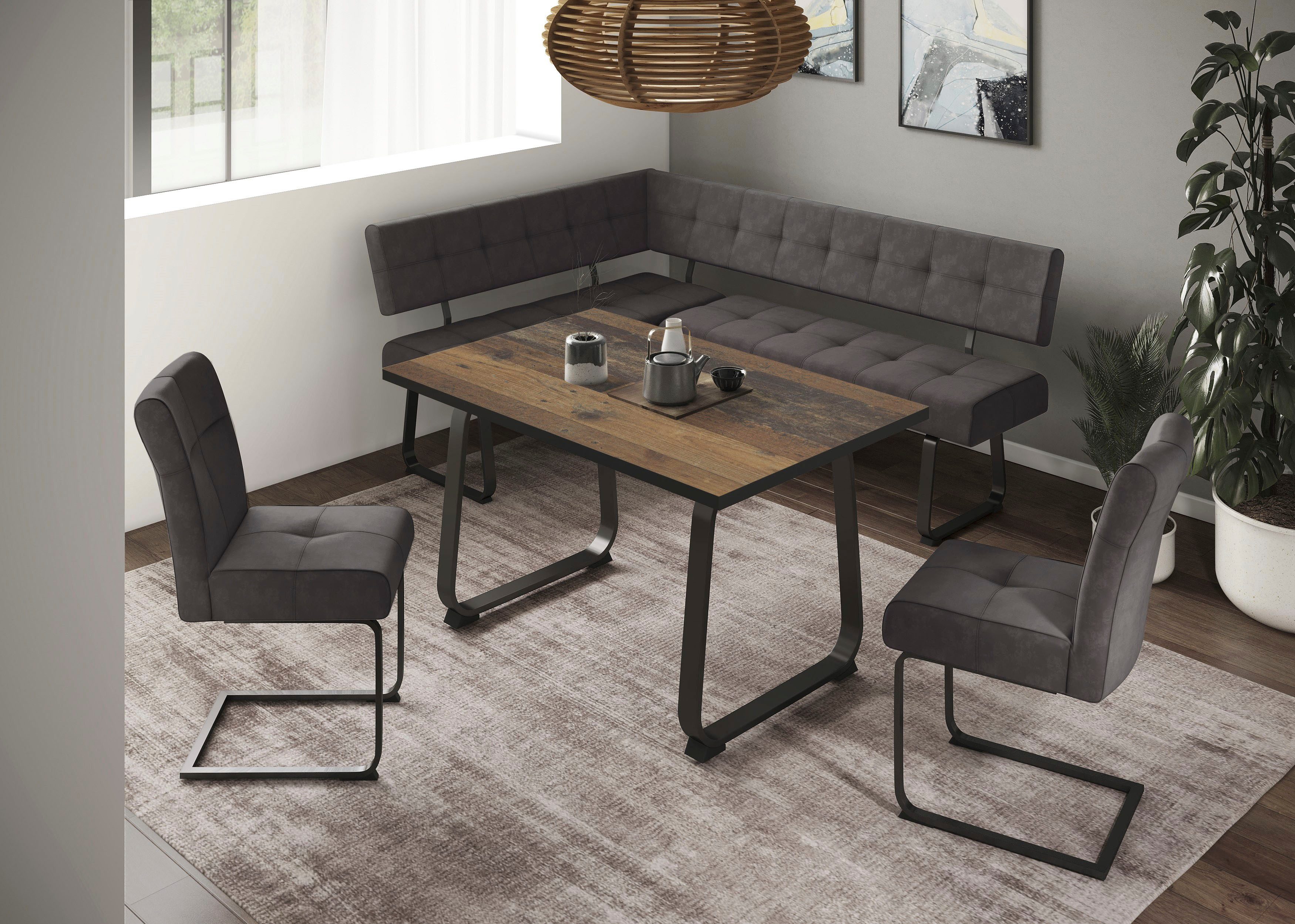 HELA Eethoek RUHR Kufentafel 140x90 cm, schommelstoel en bank met verenmand, comfortzit (4-delig)