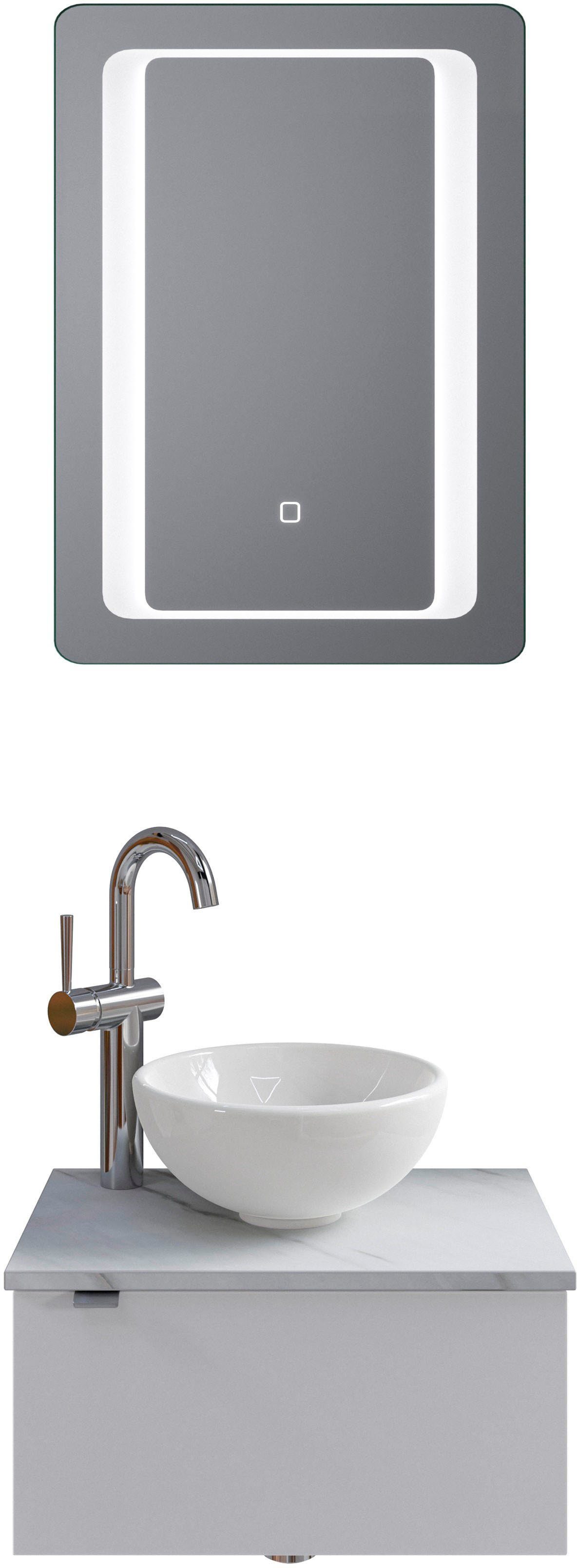 Saphir Badkamerserie Serie 6915 Gastenbadkamer, 51 cm breed, met led-spiegel en 1 deur (4-delig) badmeubelsets wit