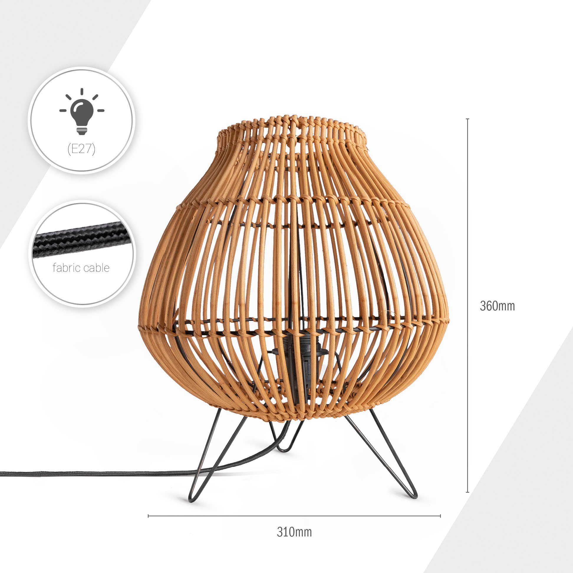 Paco Home Tafellamp PURI Rattan mandlamp nacht LED driepoot Boho E27