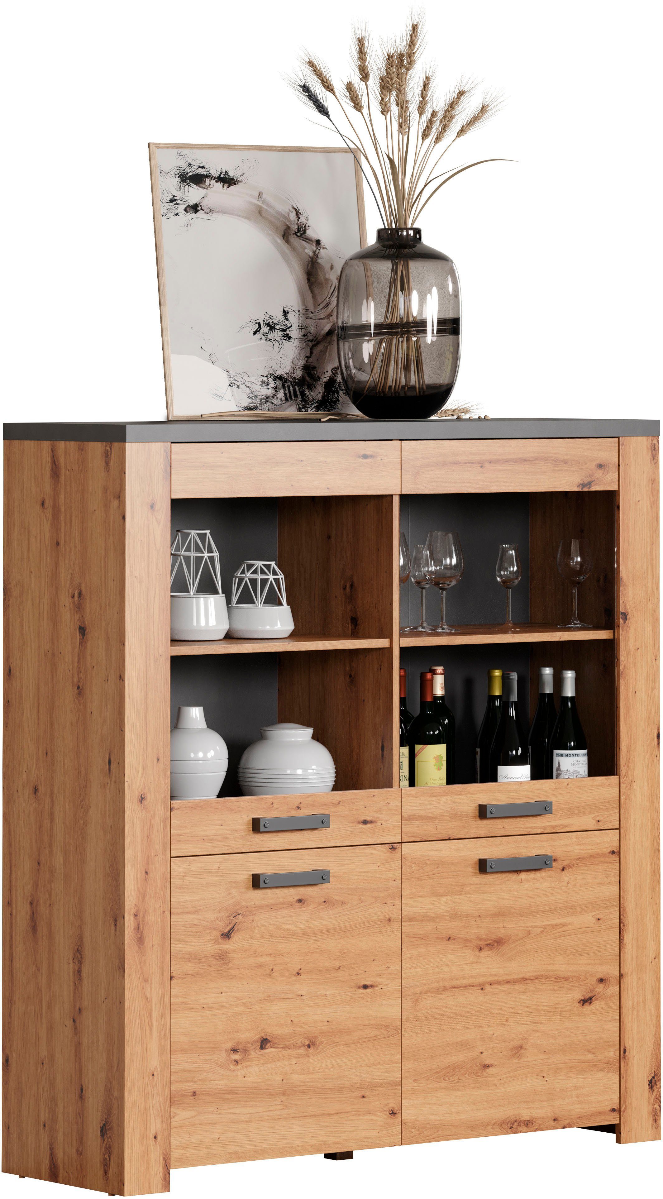 Home affaire Highboard Ambres Vitrine, echt houtlook, ca. Afmetingen BxH: 127x139 cm (1 stuk)
