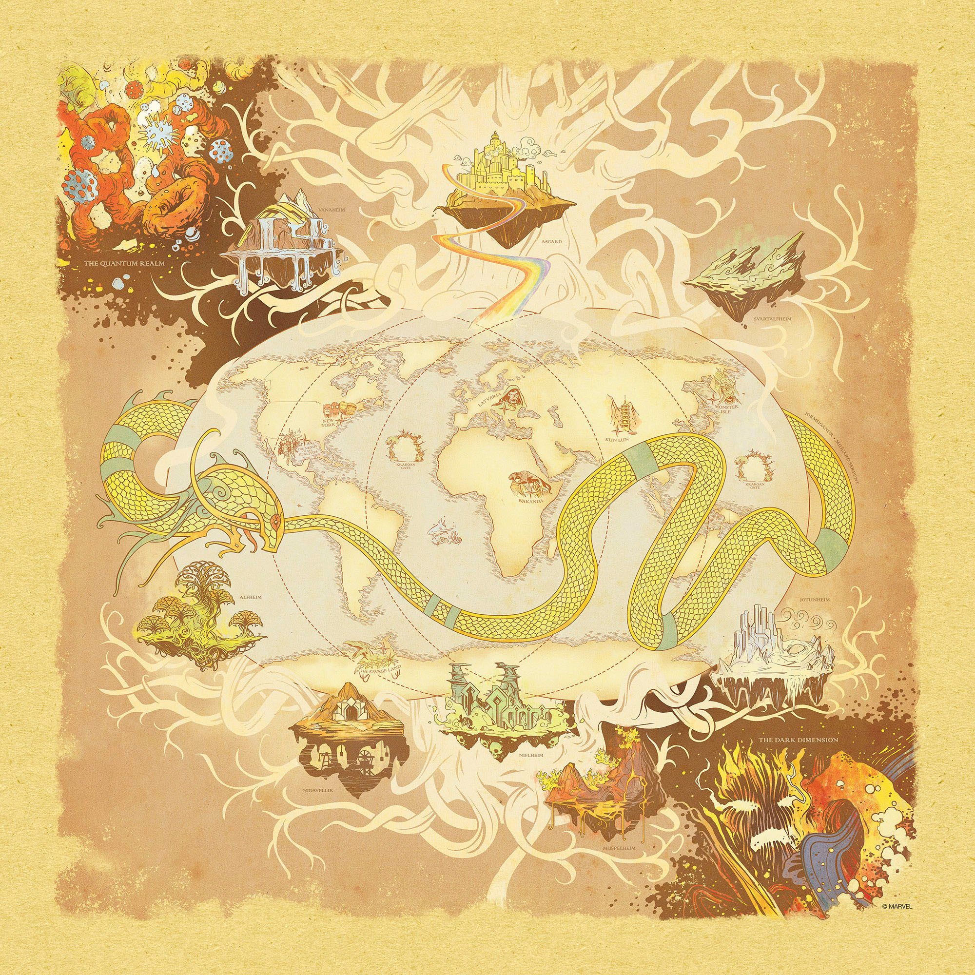 Komar Artprint op linnen Marvel World Map - Afmeting 40 x 40 cm Canvasdoek met echt houten frame, kinderkamer (1 stuk)