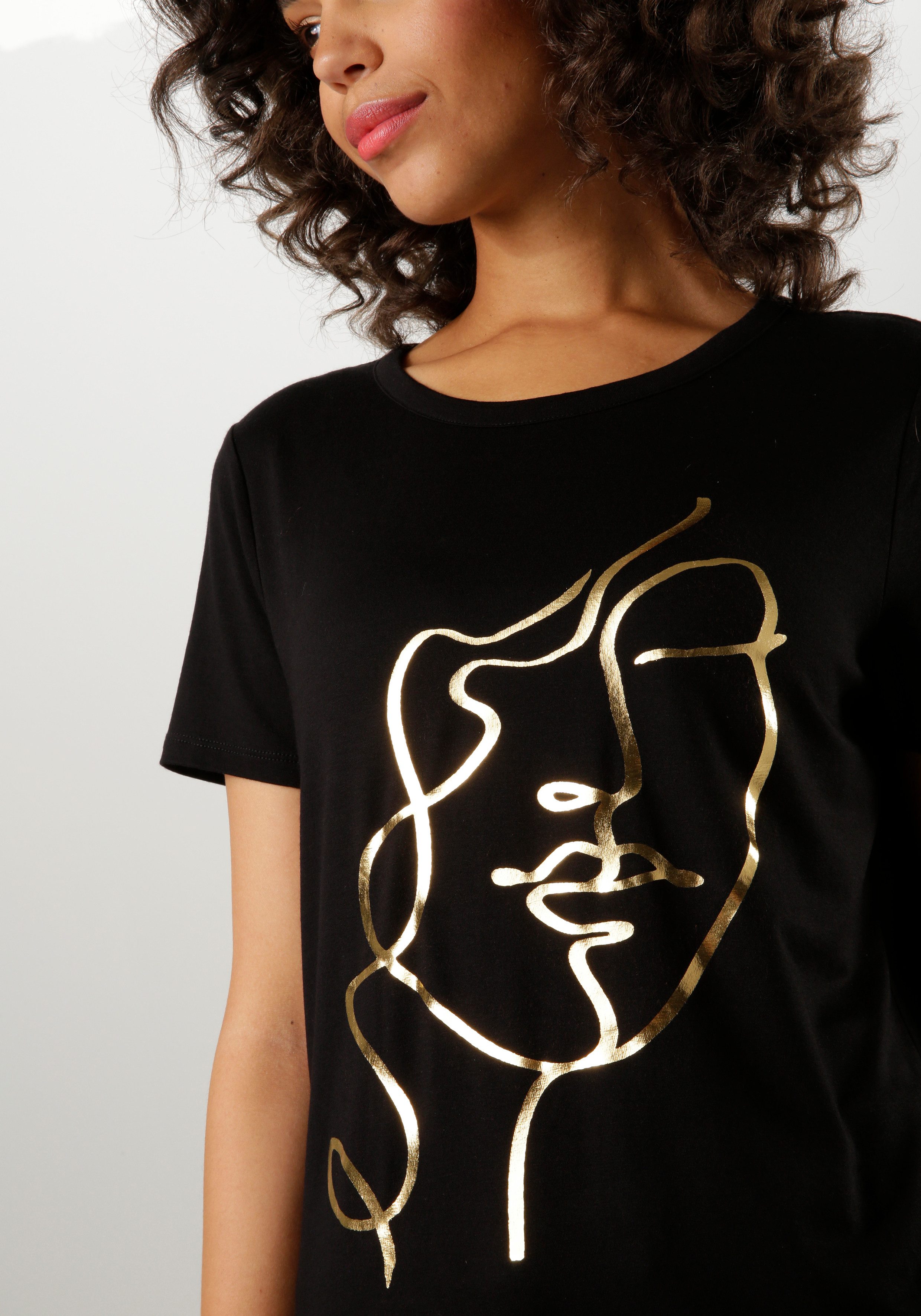 Aniston CASUAL T-shirt met abstract gezicht van glanzende folieprint