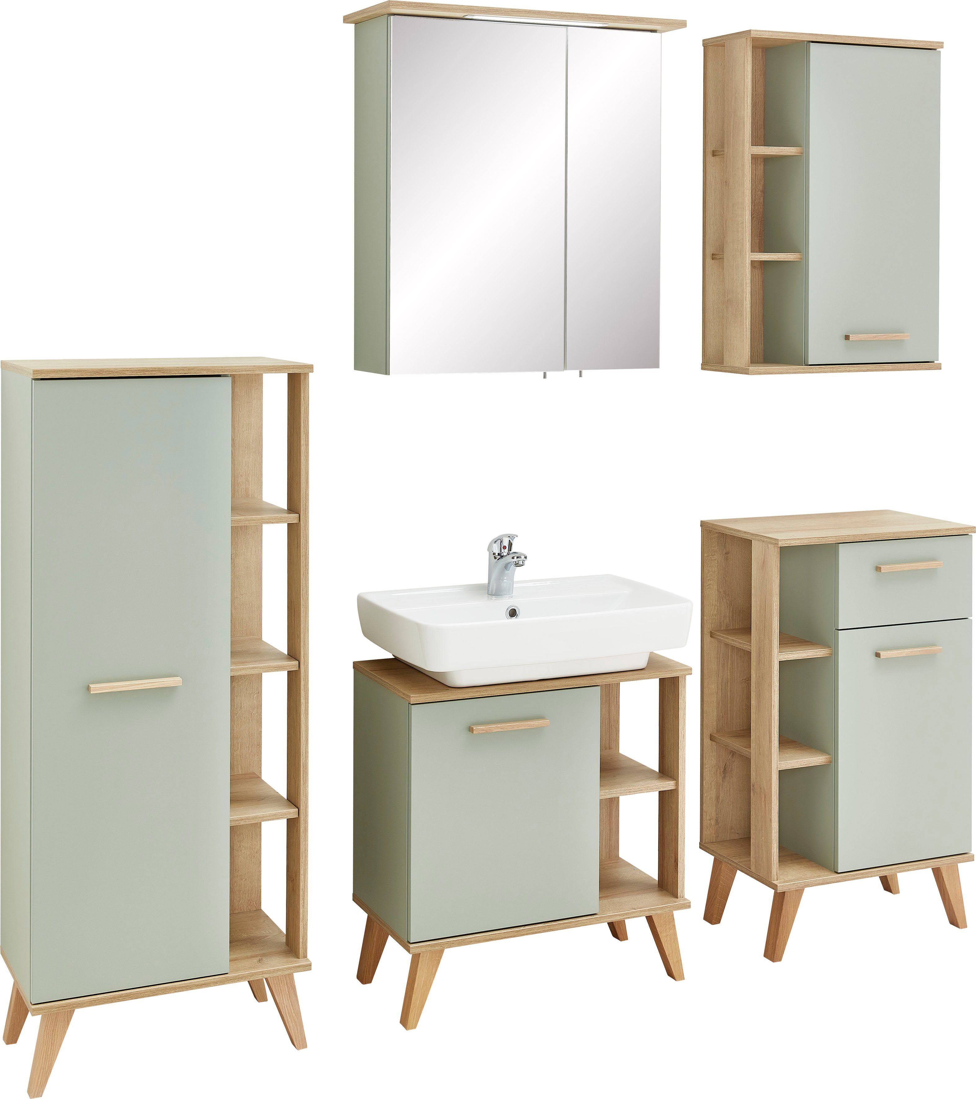 Saphir Badkamerserie Quickset 5-delig, wastafelonderkast met led-spiegelkast Onderkast, hangend kastje, halfhoge kast, inclusief deurdemper, 6 deuren