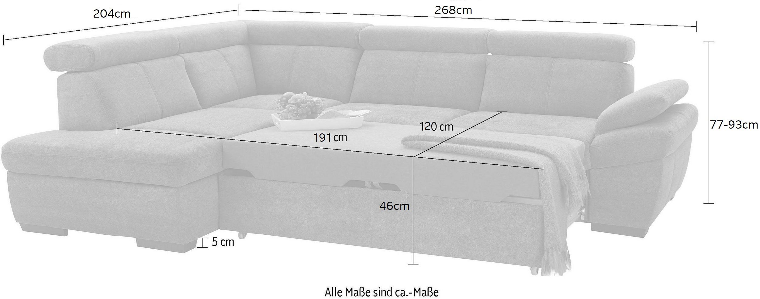 exxpo - sofa fashion Hoekbank Salerno, klassieke moderne functionele bank, hoog zitcomfort, L-vorm inclusief verstelbare hoofdsteun en armleuning, naar keuze met slaapfunctie