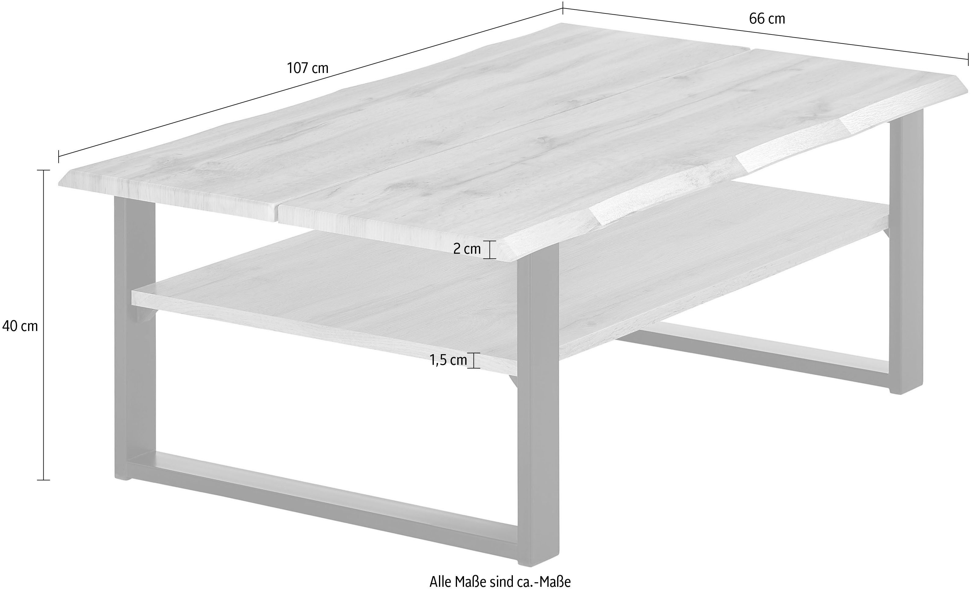 Stolkom Salontafel Venice salontafel met boomrand, BxHxD 107x40x66 cm Boomrandlook, industriële stijl, 1 opbergplank, Wotan eikenlook