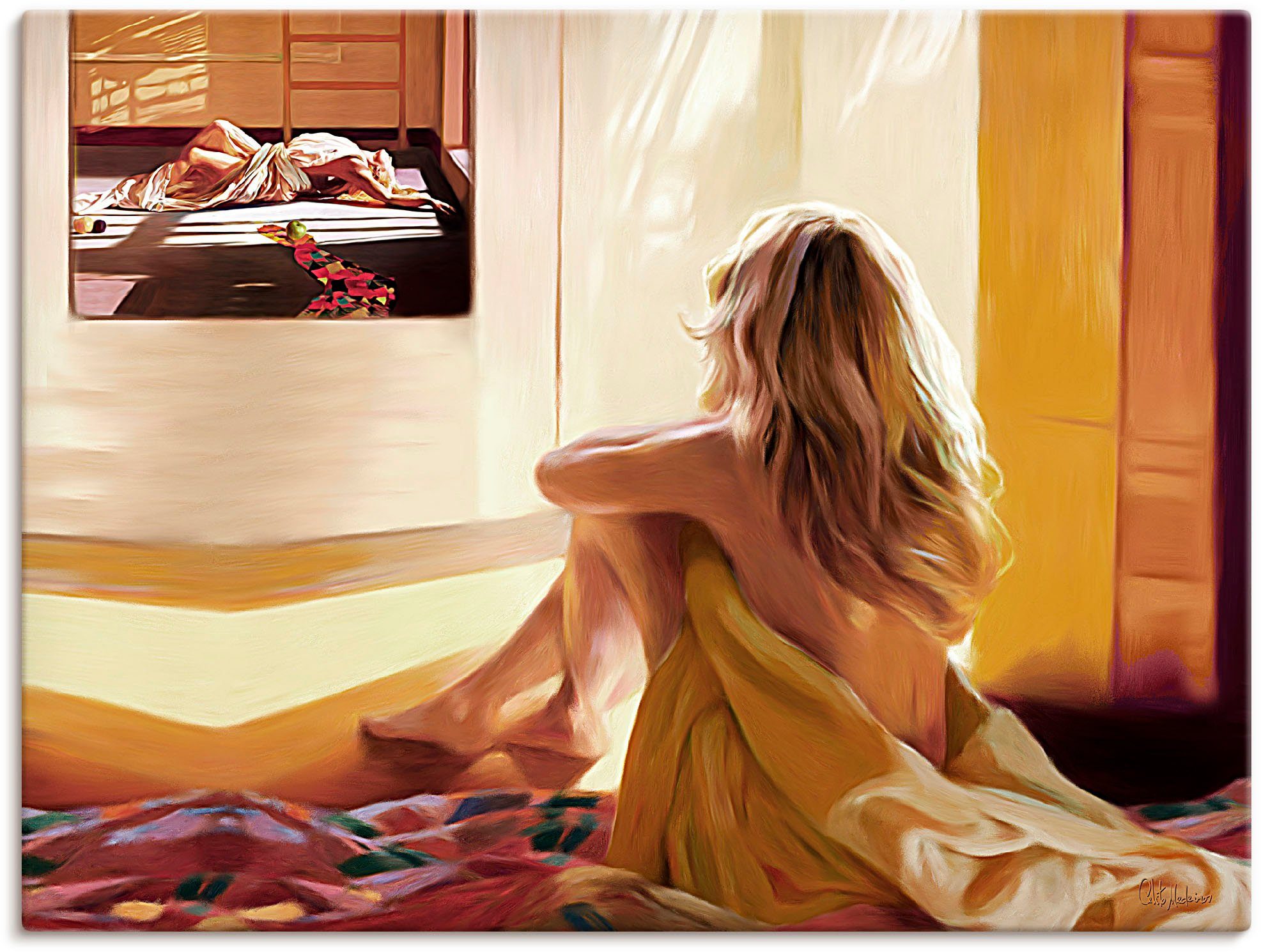 Artland Artprint Blond meisje zit op het bed als artprint van aluminium, artprint voor buiten, artprint op linnen in verschillende maten foto