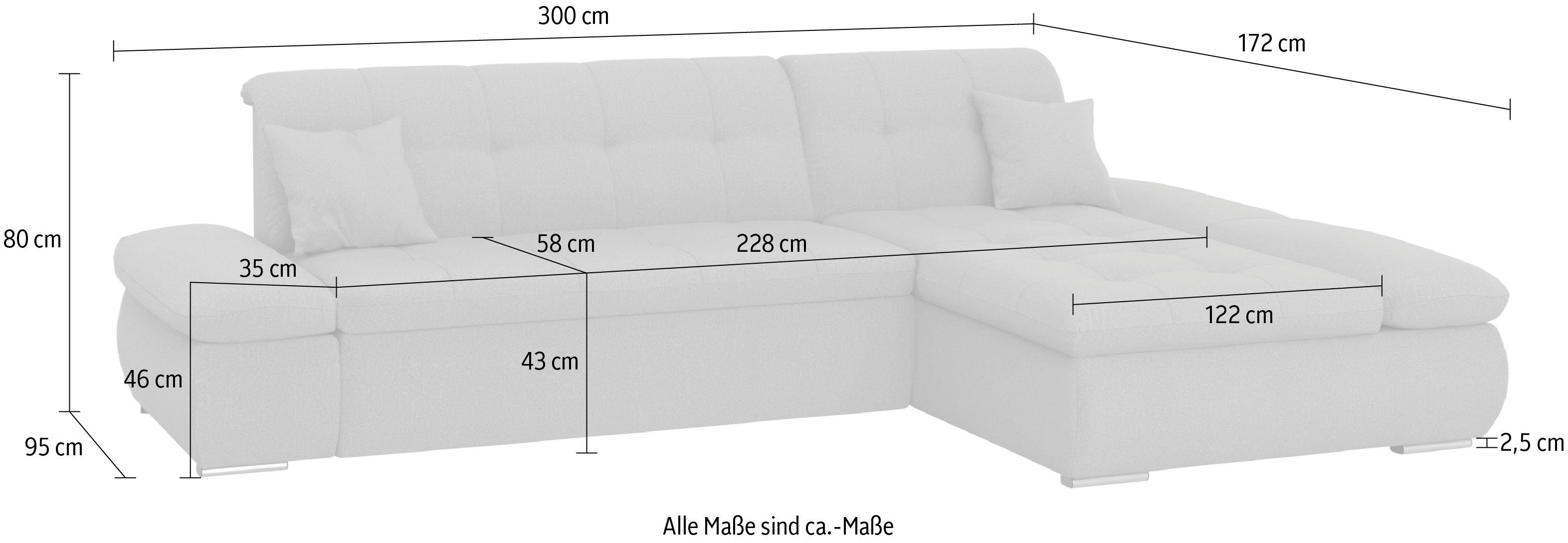 DOMO collection Hoekbank Moric, L-vorm, XXL-bank - Breedte 300cm keuze met bedfunctie en armleuningverstelling, donkergroen