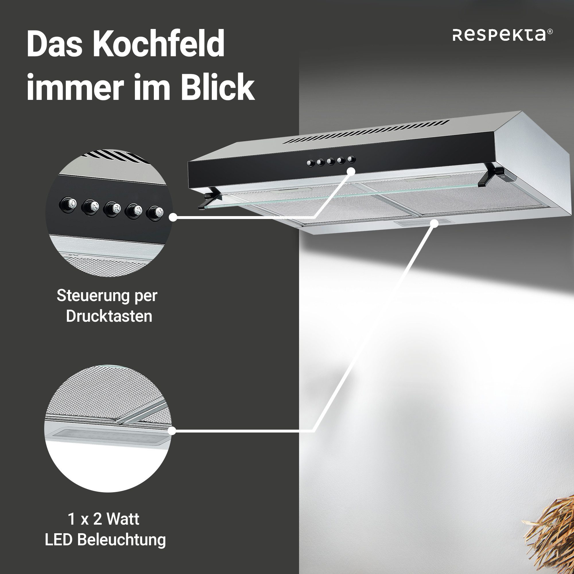 RESPEKTA Onderbouwkap CH 16060 SGB 60 cm, 3 vermogensniveaus, led-verlichting, geschikt voor afzuiging en recirculatie