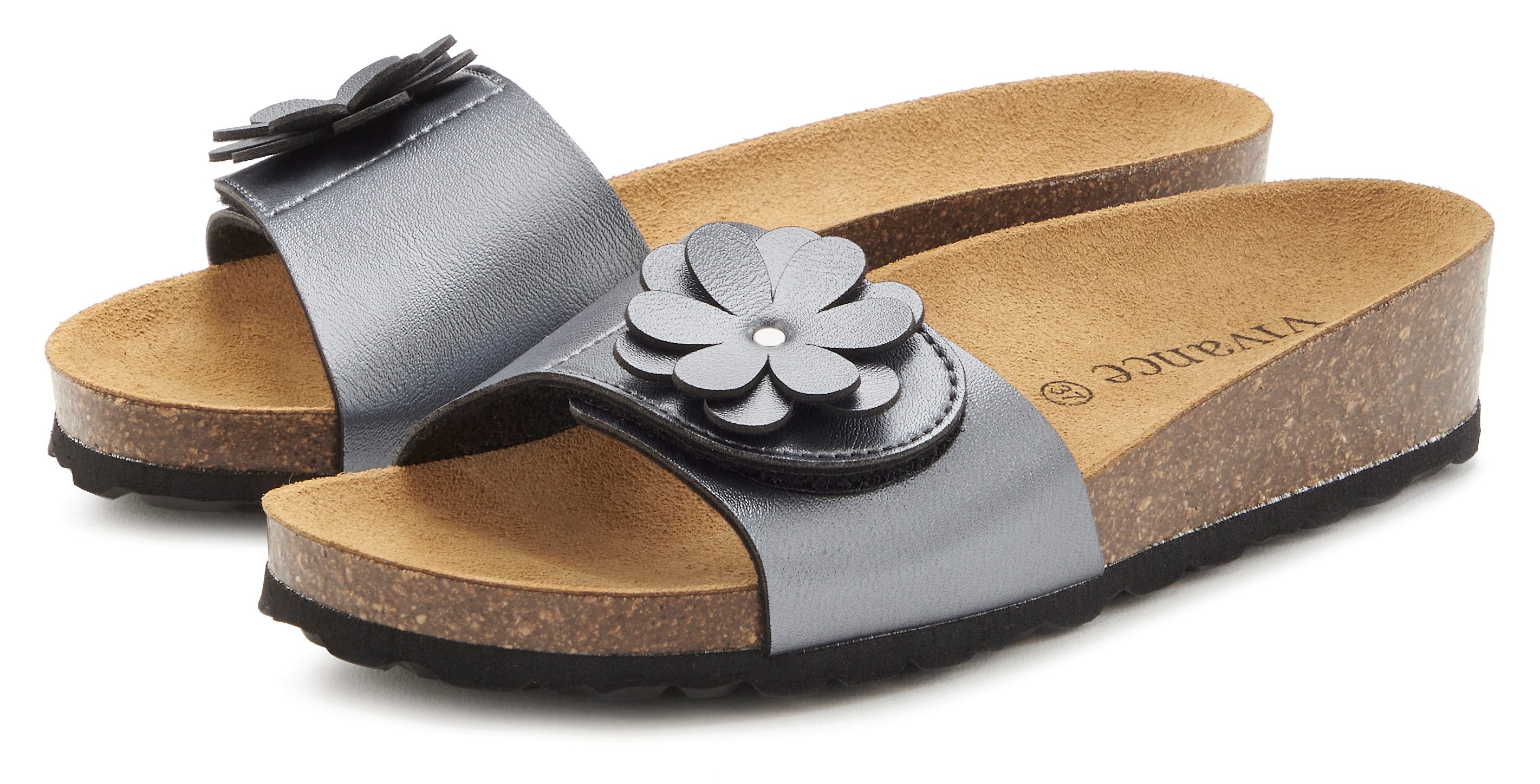 Vivance Slippers Mule, sandaal, open schoen met comfortkurk voetbed van leer en subtiele sleehak dames sandaaltjes maat 37 grijs