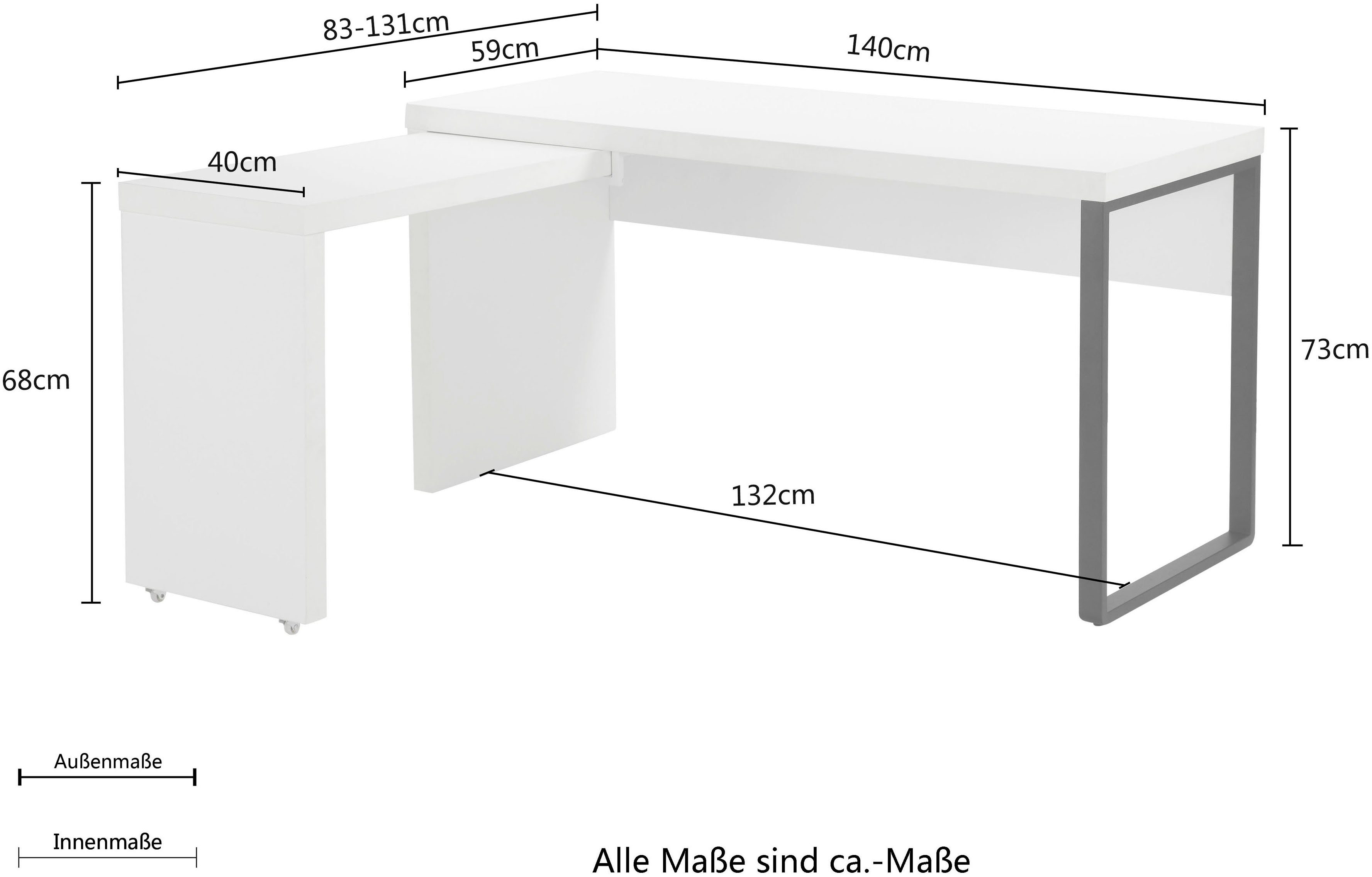 Places of Style Bureau Maniago, computerbureau, wit hoekbureau met verrijdbaar element, 140x81-131 cm