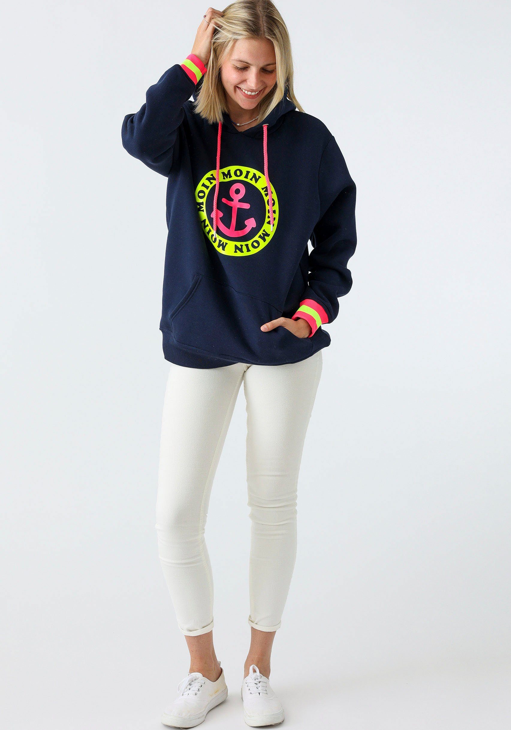 Zwillingsherz Hoodie met print "moin" en "anker" in neonkleuren