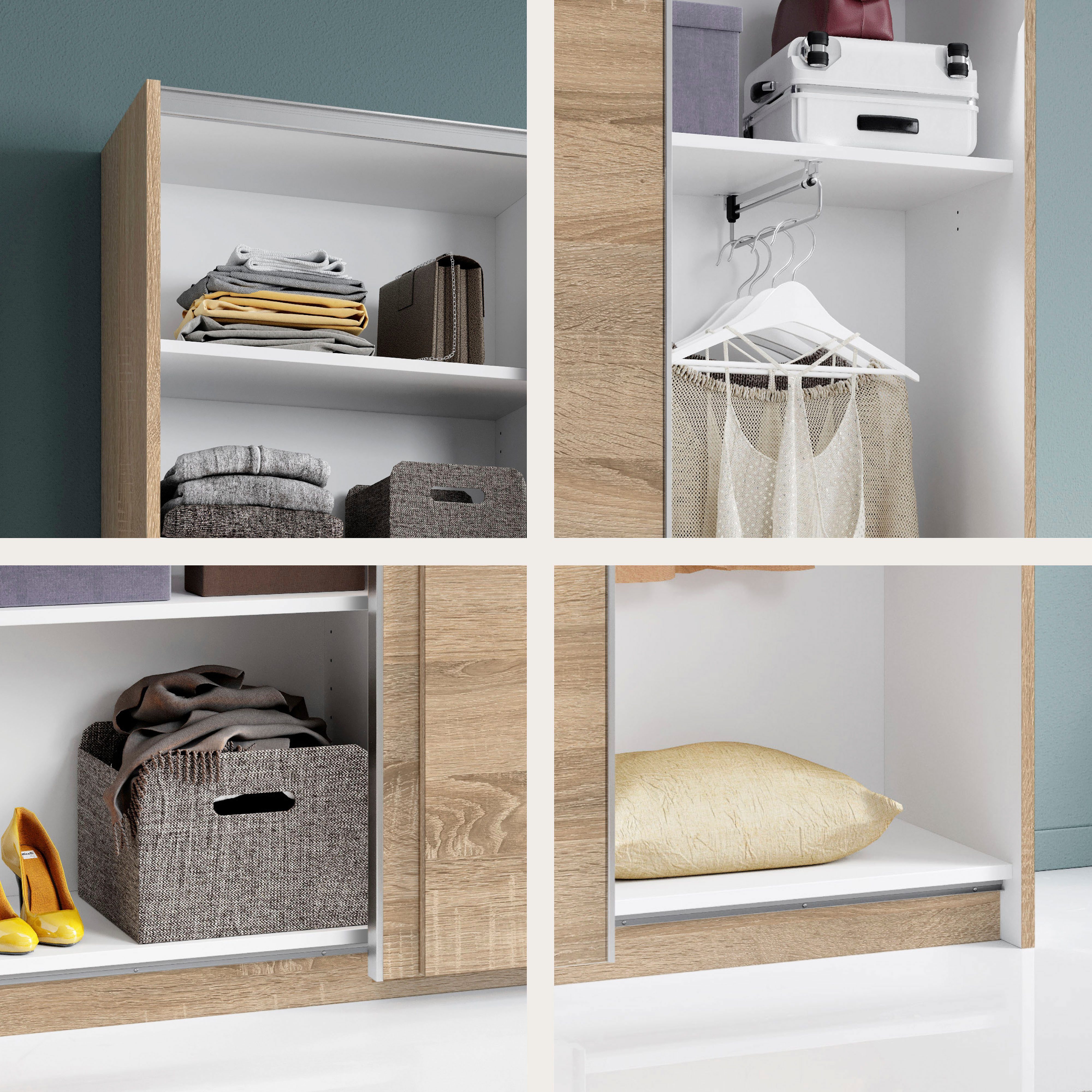 Schlafkontor Zweefdeurkast Heimo / Fast Kast Kledingkast Garderobe weinig diepte, uitschuifbare kledingstang, garderobekast, 6 planken