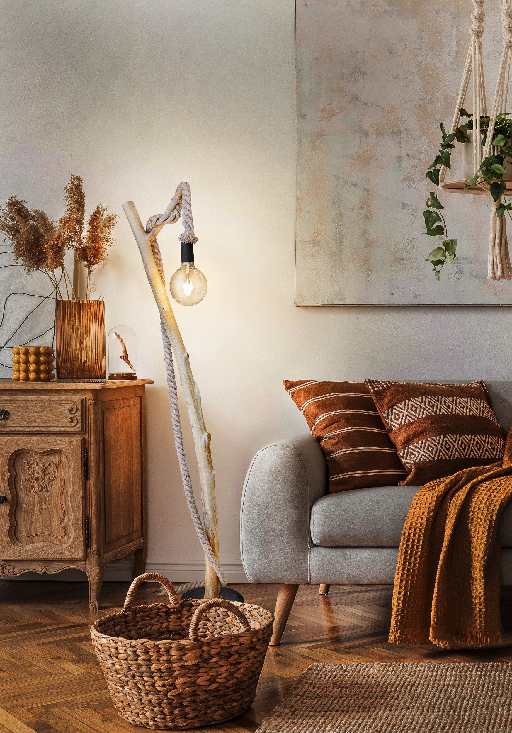 NOWA Staande lamp Nerida Staande lamp, hout, hennep, woonkamer, slaapkamer, hal (1 stuk)