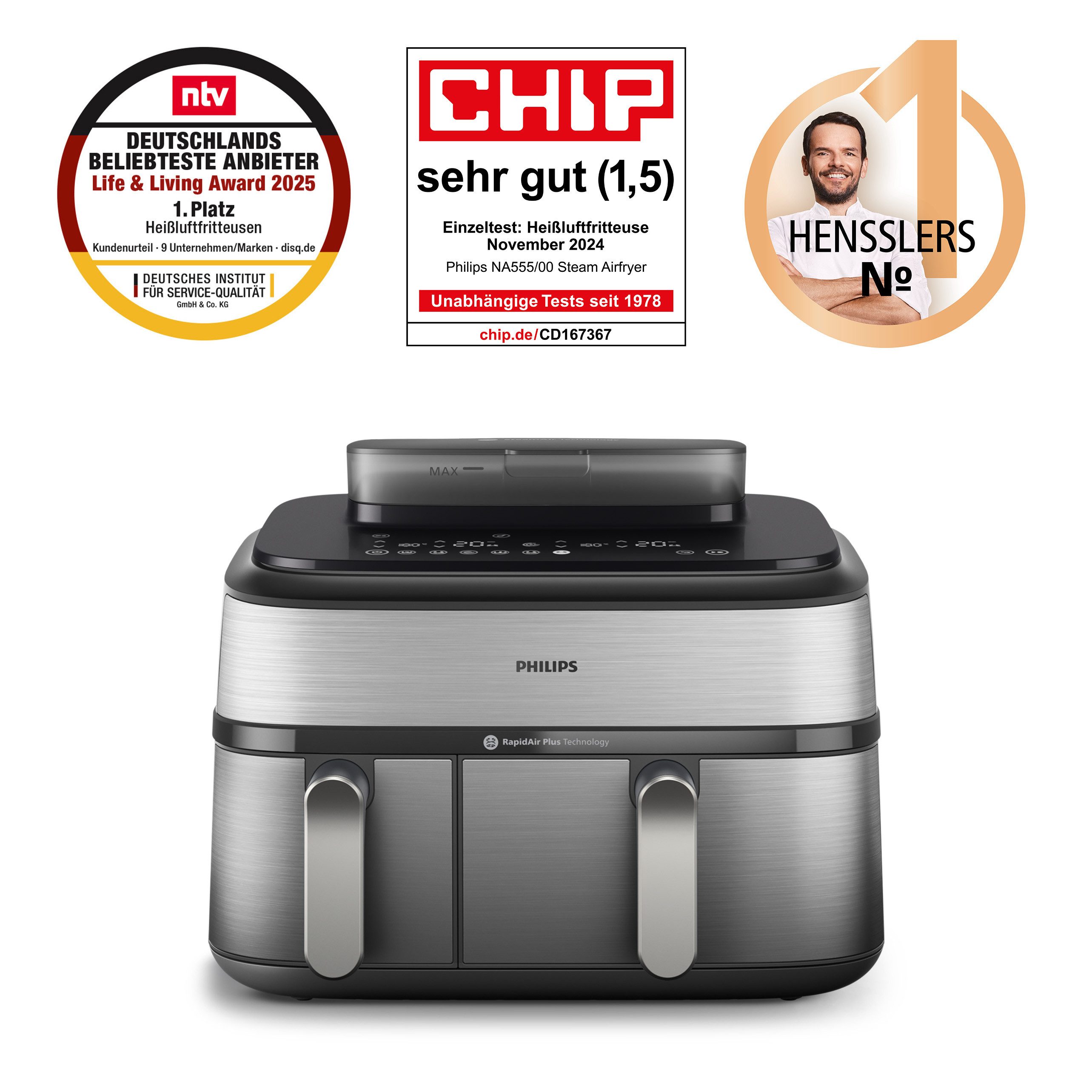 Philips Airfryer Steam Airfryer 5000 Dual Basket NA555/00, Airfryen & Dampfgaren, 3L+6L