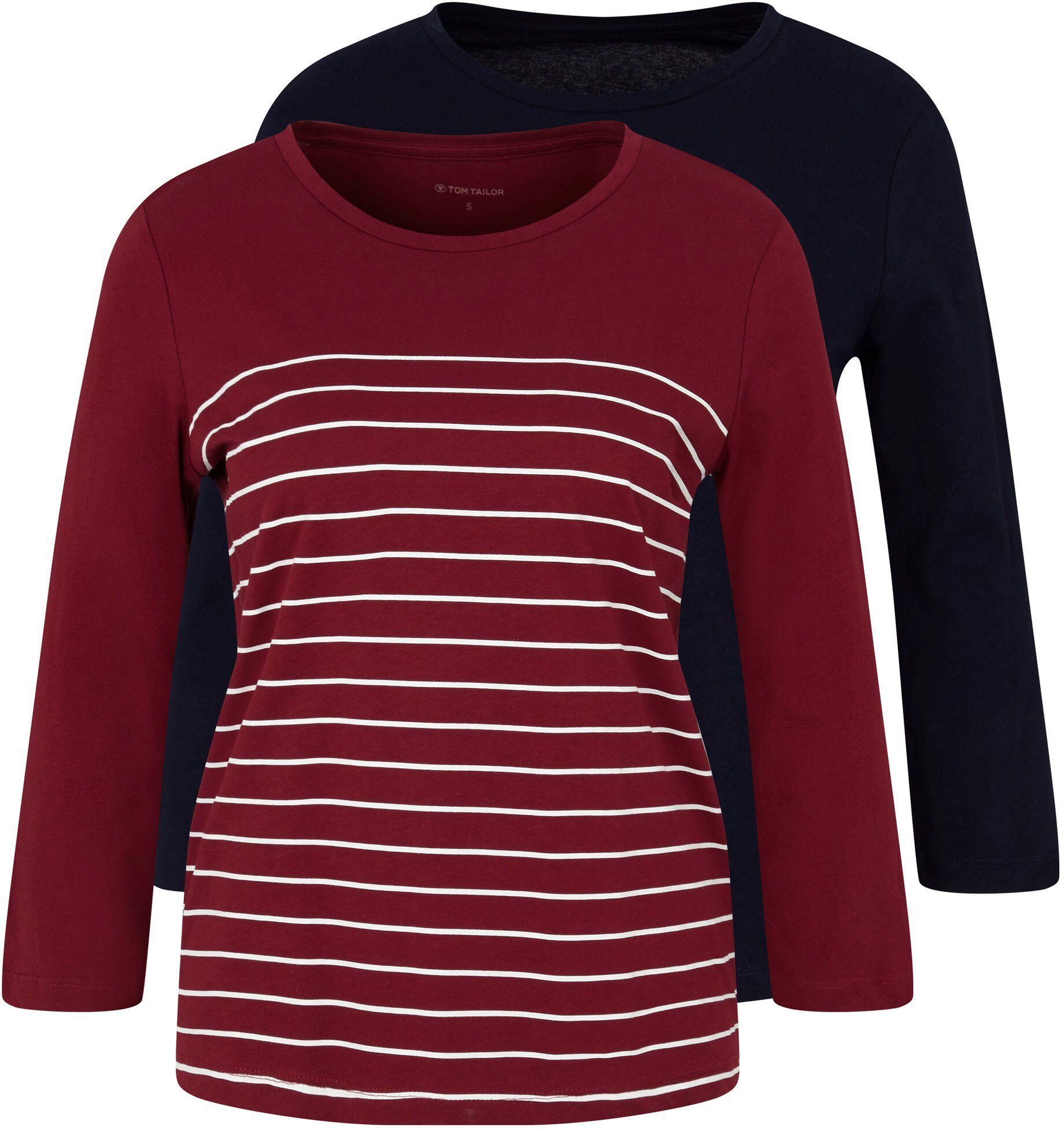 Tom Tailor Shirt met 3/4-mouwen dubbel - strepen + uni (2-delig, Set van 2)