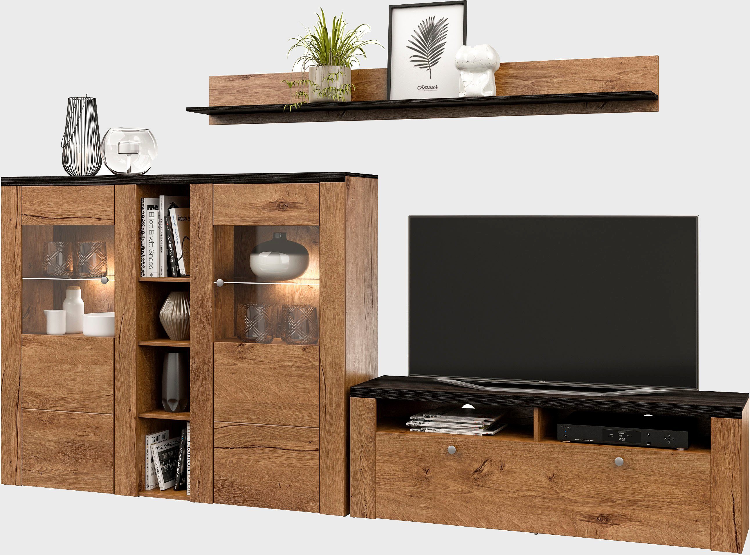 Home affaire Wandmeubel Larona, Woonwand, 3-delig set, bestaande uit 1 tv-kast, 1 hoge kast, 1 wandplank (3-delig)