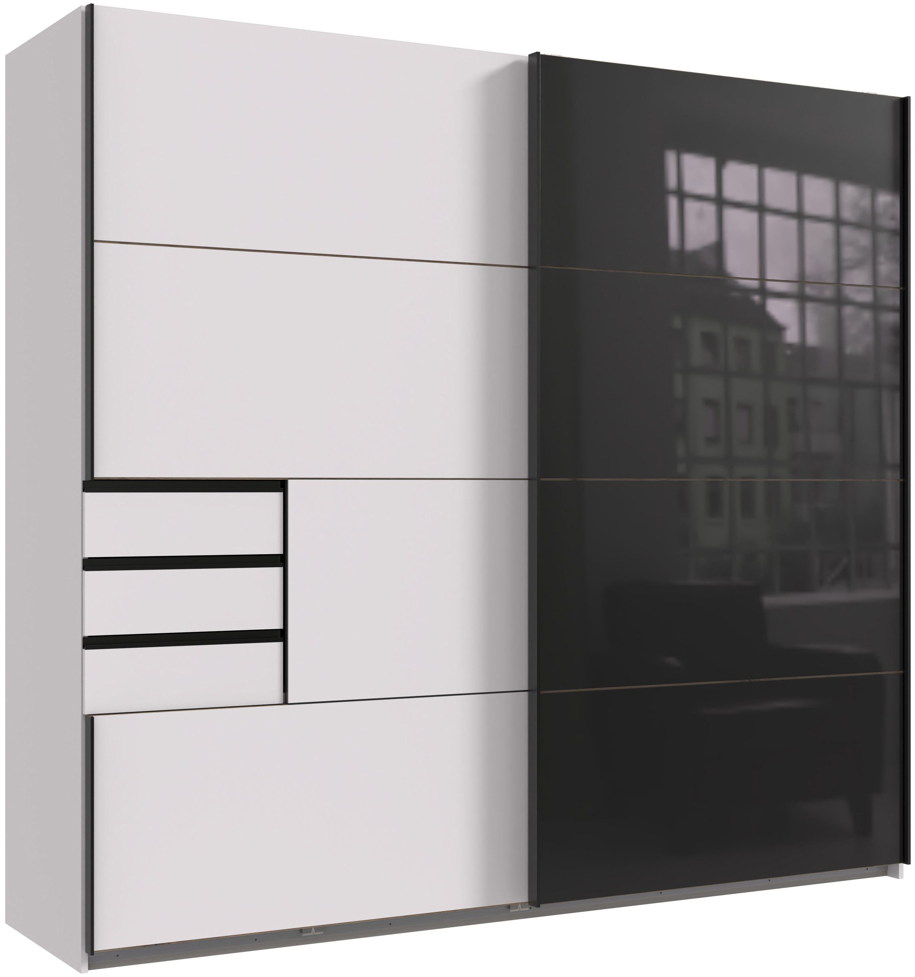 Wimex Schuifdeurkast Leonberg, kledingkast met 3 lades met grafietkleurig glazen front, 225 cm breed, 208 cm hoog zweefdeurkasten wit