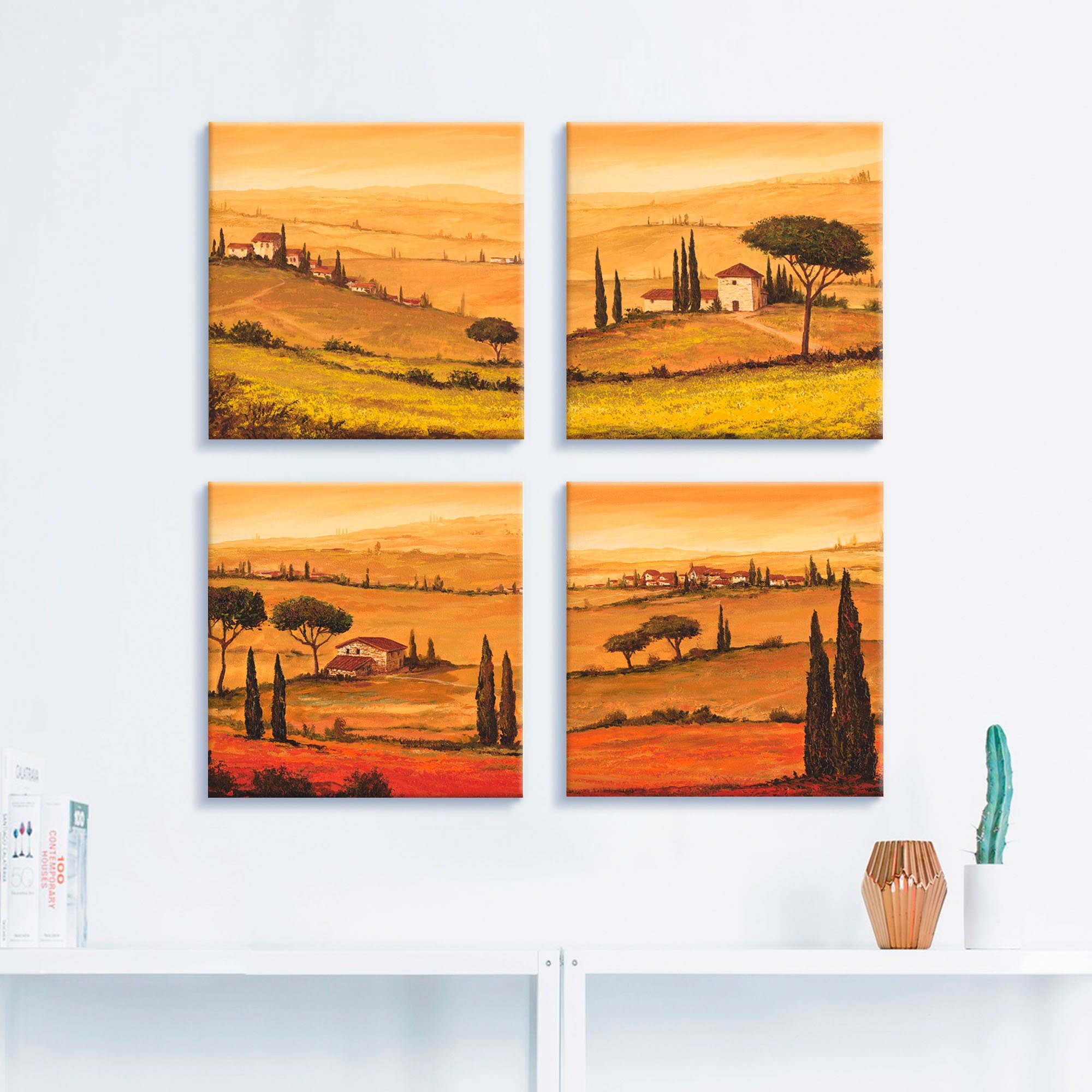 Artland Artprint op linnen Knollenland en veld klaprozen Toscaans landschap (4-delig)