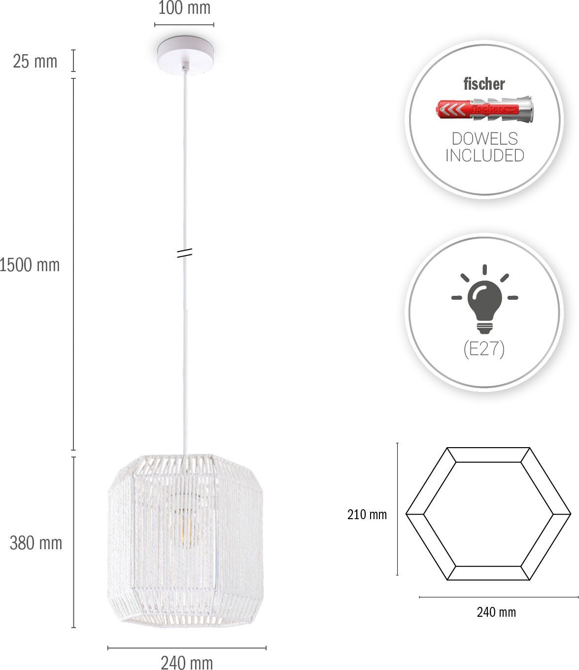 Paco Home Hanglamp Hugo Pepe Woonkamer eetkamer rattan look Boho kap papier zeshoekig