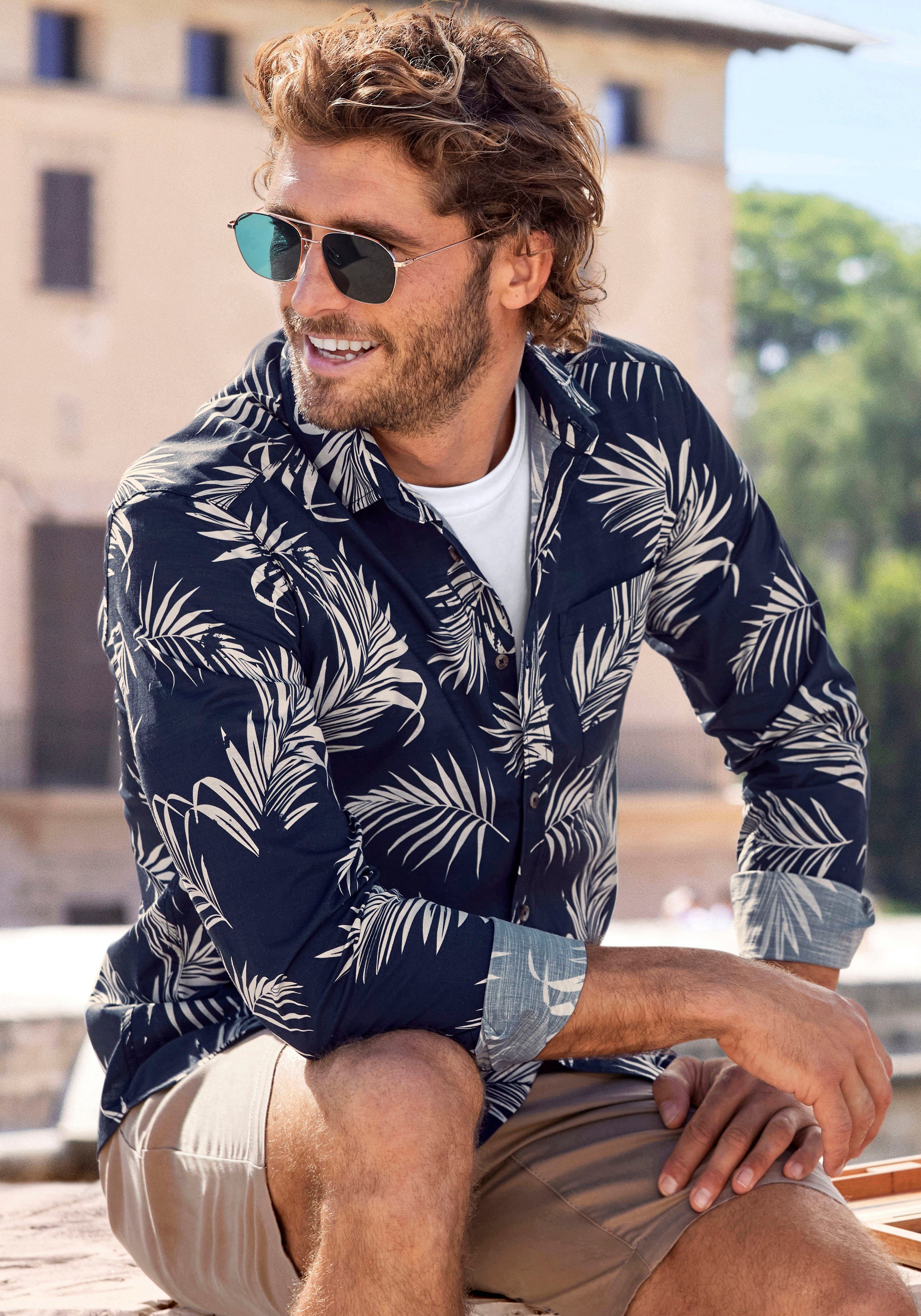 John Devin Hawaï-overhemd Regular fit Lange mouwen, vrijetijdsshirt met palmprint van 100% katoen