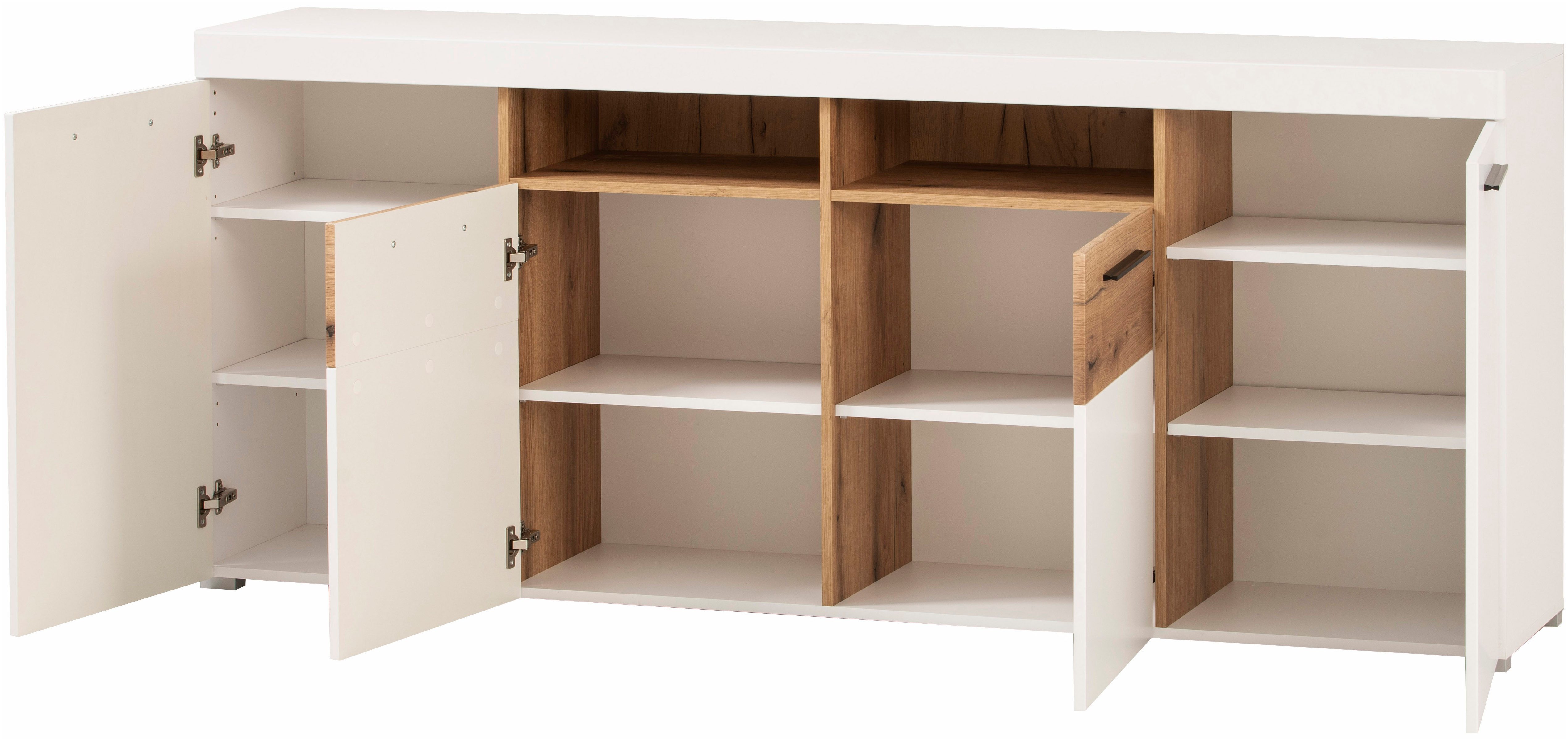INOSIGN Dressoir Salerno, moderne kast, Highboard in Wit met Eik Evoke Decor Metalen handgrepen, voldoende opbergruimte, veelzijdig inzetbaar, 205 cm breed