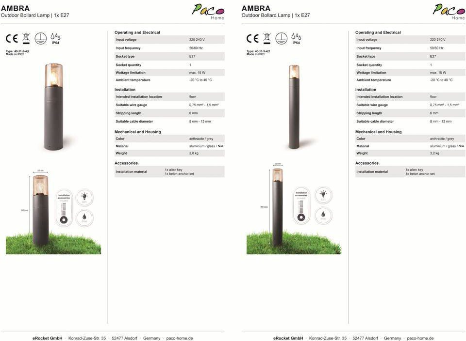 Paco Home Paalverlichting AMBRA Outdoor lamp padverlichting aluminium buitenlamp tuin E27 IP54