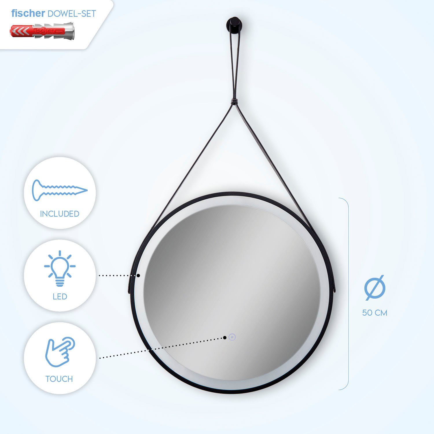 Paco Home Wandlamp Ivy LED backlight rond 50cm IP44 touch kunstleer ophang