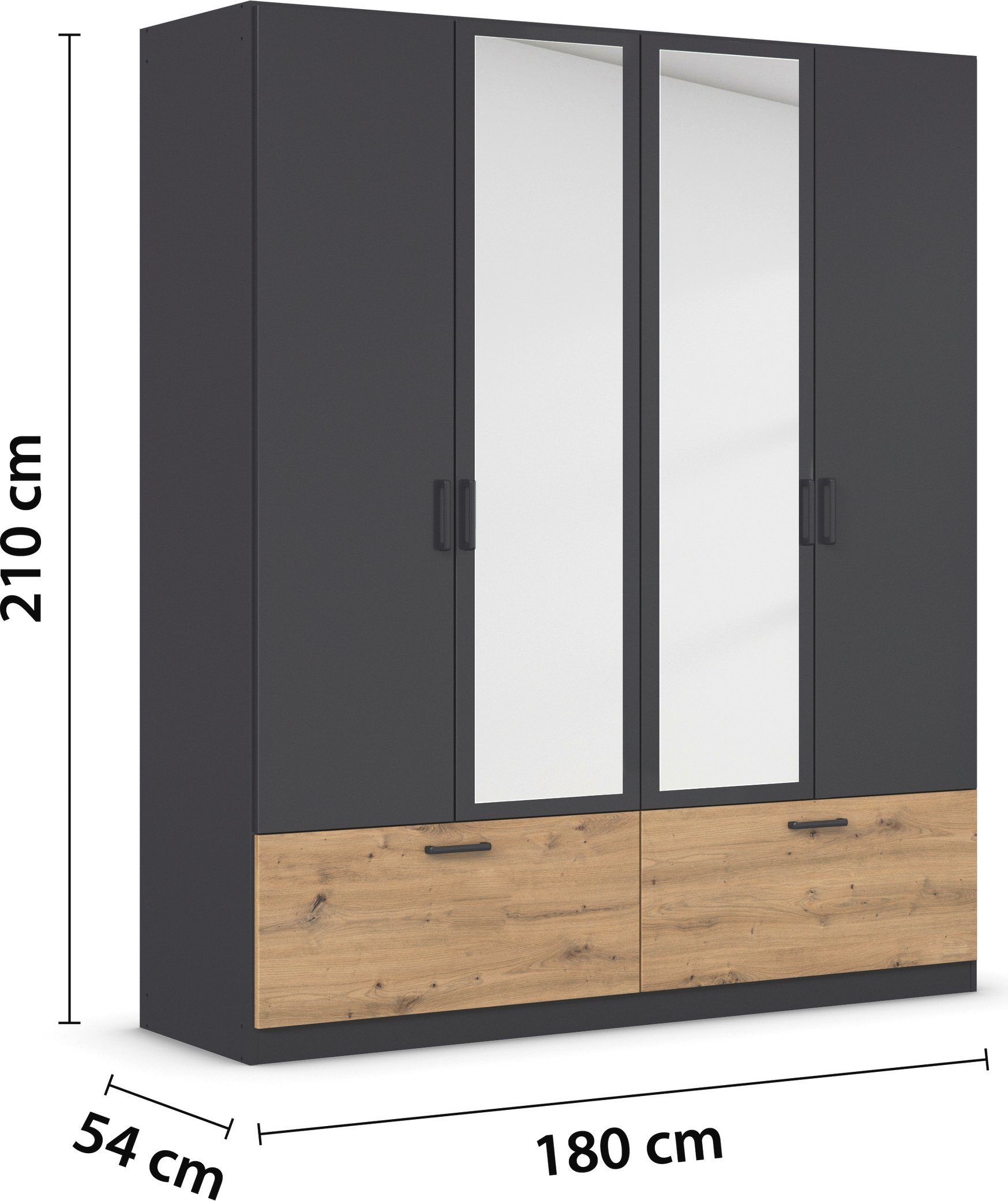 rauch Draaideurkast Kledingkast kast garderobe waskast BARI met spiegel met lades en moderne greep in grijs metallic made in germany