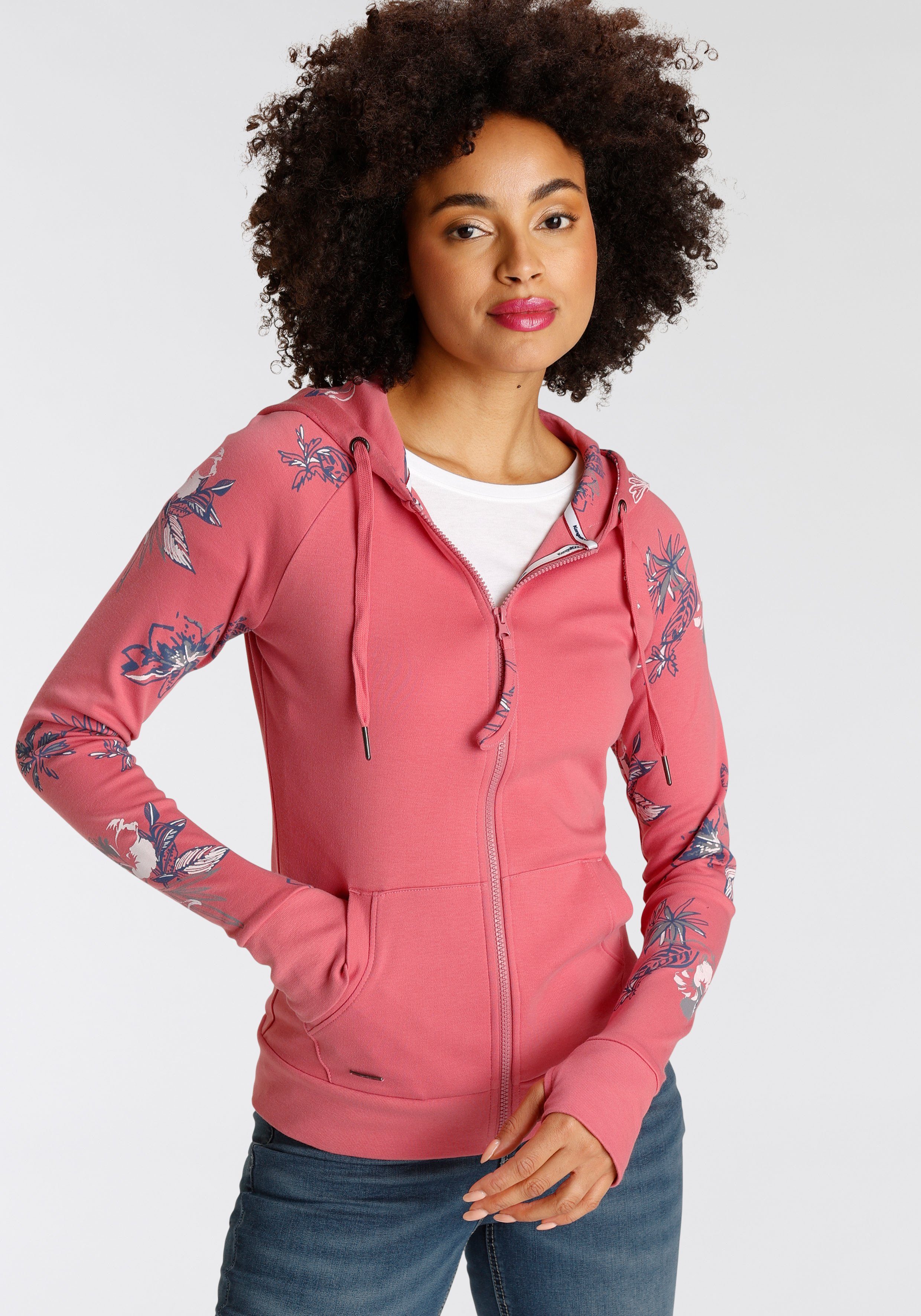 KangaROOS Capuchonsweatvest met bloemenprint in hawaï-look dames sweatvesten maat 44/46 (L) roze
